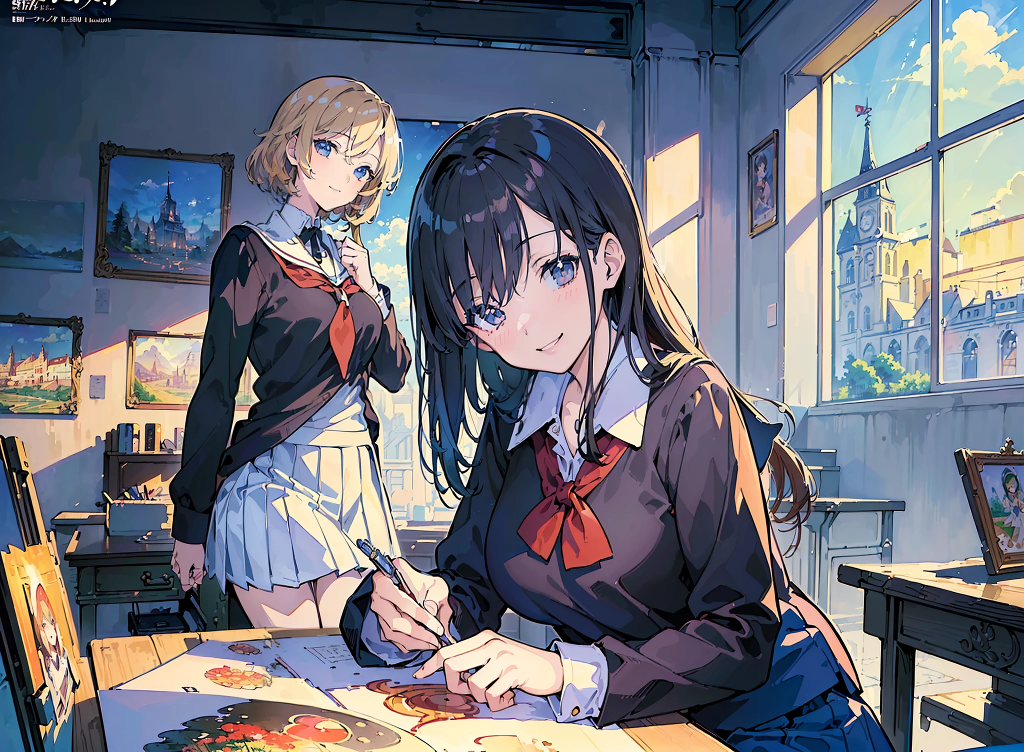 (masterpiece, top quality, best quality, beautiful illustration,official art,anime illustration, beautiful and aesthetic,3Girl,:1.5),beautiful face,transparency,(wearing school uniform:1.5) ,smiling,chatting with friends,friends,fun,masterpiece background school, classroom, ground, students,4k wallpaper
