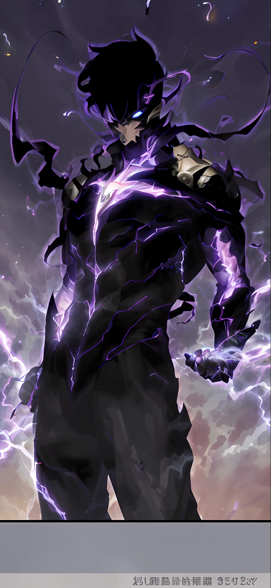 a close up of a person holding a lightning stick, an epic anime of a energy man, transforming into his final form, tor from marvel, this character has cryokinesis, purple lightning, menacing pose, extended art, screenshot from black clover, colossal lightning, dramatic purple thunders, endgame boss, infused with lightning, crackling black lightning