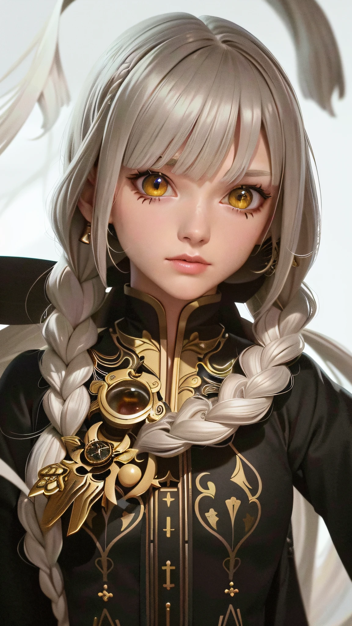 4.0) Extreme Quality, Outstanding Graphics, (White Hair:1.2+ Golden Eyes:1.1), White Kimono, Hair Strands, Upper Body, (Fair at Skin:1.2), (Side Braids), (Dynamic Angle:1.1), (Floating:1.2), (Soft Light:1.1)