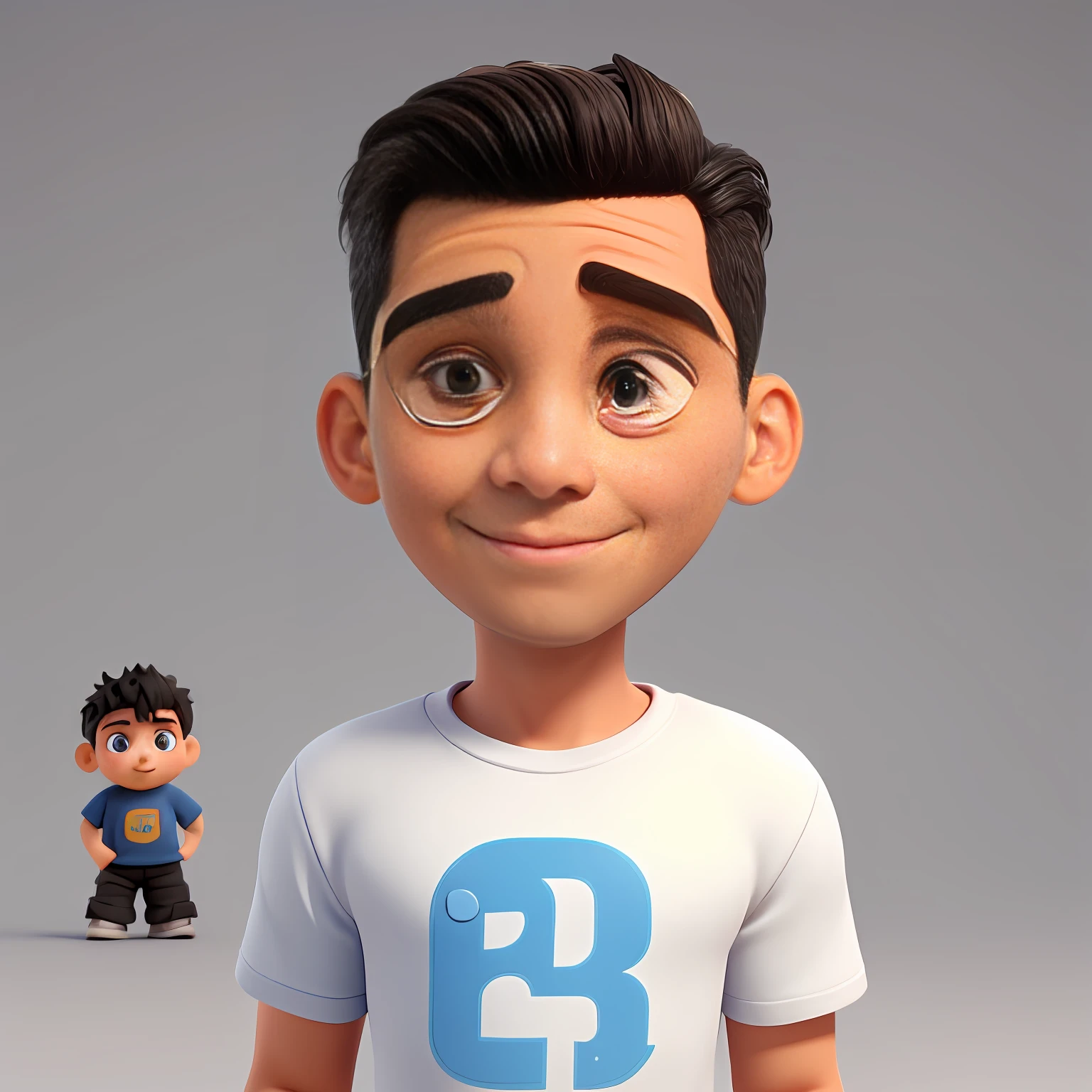 1 Cute small 41-years-old male repairman , huge head, Slicked-back hair ,, highly detailed eyes,front-facing, fit , Wearing blank T-Shirt and sweat pants and black running shoes,Hip Hop Mood, full body view, highly detailed hands ,Toy figures,best quality, 3d cartoon,full body view, fantasy, dreamlike, surrealism, super cute, trending on artstation