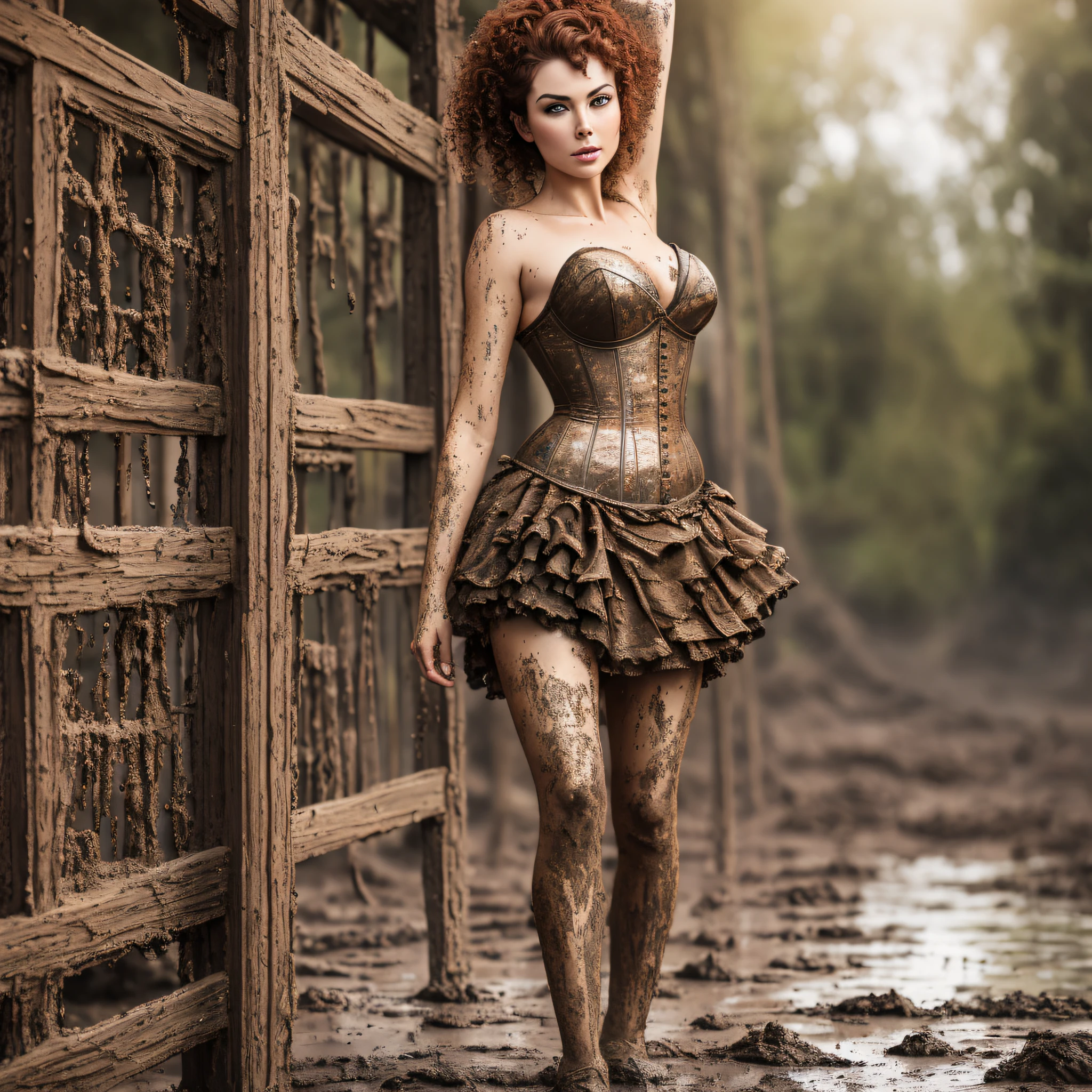 Hyperrealistic photography of two kissing 30-year-old women smeared with mud, Lena Meyer Landrut, dancing pise, escaped, ), maid, underbust corset, ruffles, tulle skirt smeared with mud, high heels sandals smeared with mud, the entire body, red curly hair and clothes are smeared with mud, high quality, realistic lighting, center of the image, hourglass proportions, 8k, HDR, BDSM, medium chest size, long legs, toned, professional photography of a woman, natural skin texture smeared with a lot of mud, 4K textures, Adobe Lightroom, Photolab, HDR, intricate, elegant, very detailed, sharp focus, insane details, intricate details, hyper-detailed, bright cinema light, outdoor atmosphere, chin pulled up, (exposed belly: 1.8), (long-distance), dominant facial expression