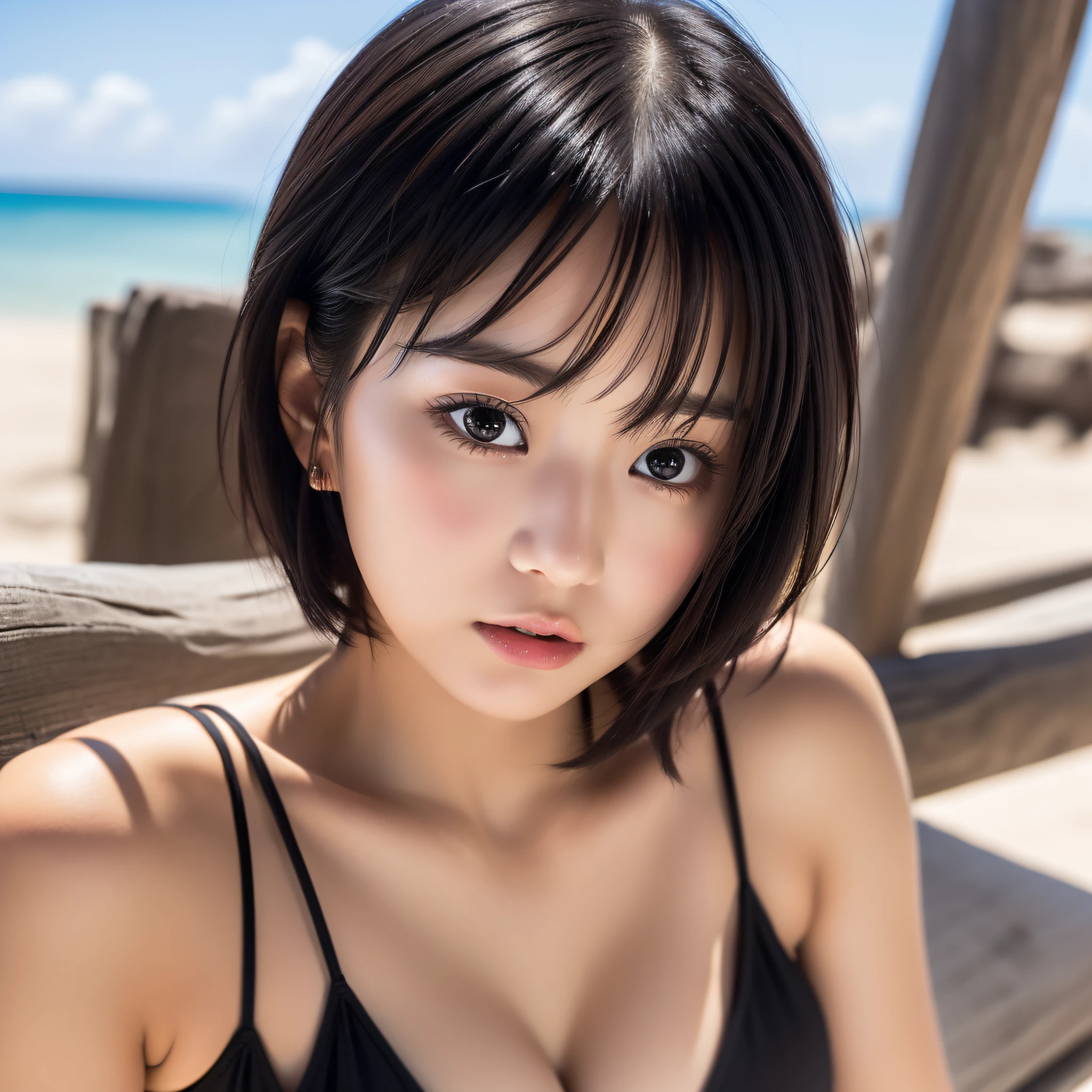 ((Best Quality, 8K)), Beach, Beautiful Girl, Cinema Lighting, Idol, Japan Person, See, Black Eyes, Small, Black Hair, Short Hair, No Makeup, Detailed Skin, Sexy, Cute Face, Detailed Eyes, Micro Bikini, Background Blur