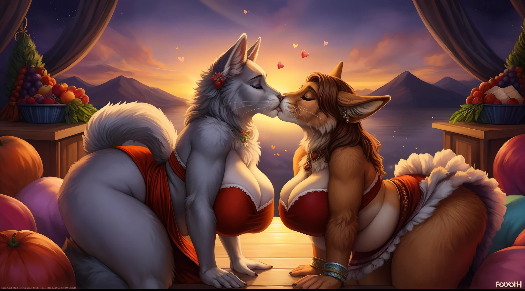 🔫, (fur:1.5), (fuzzy:1.5), 2girls, ear accessory, arm accessory, neck accessory, slightly chubby anthro, middle-aged, tall mature stepmothers, CANINE, big butt, buttcrack, long snout, long ears, (whiskers:1.4), anatomically correct, (detailed lips wrinkle), female/female, bottomless, (upskirt), (((very romantic aggressive deep intense exciting kissing makeout session))), (((kissing lips making an 'S' line))), breasts frottage, big breasts, (wardrobe malfunction), cleavage, being against each other, backbreaking hugging, by foxovh, isometric view, full length portrait, sunset clouds, stars, sparkles, bubble, (floating hearts), food, fruit, cake, confetti, light beams, legs in water, absurd res, (), loincloth,