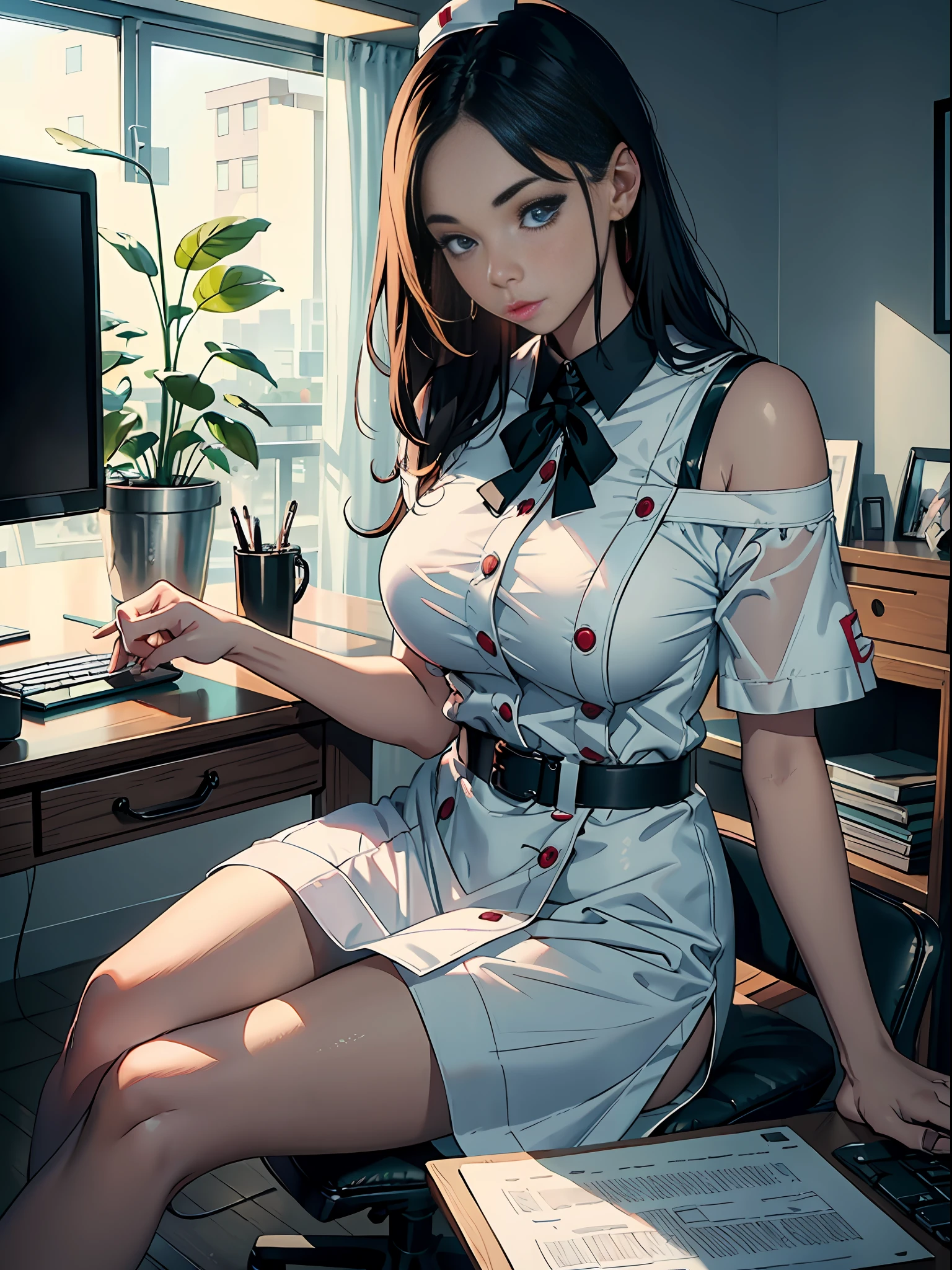 Woman who is reading and studying, young woman, computer in the room, mature looking, willow eyebrows, big eyes, woman with delicate facial features, woman sitting at the computer desk live broadcast, detail portrayal, infinite detail, Tyndall effect, ultra definition, 8K, character tracing, ray tracing, modern woman, high value, beauty, intellectual beauty, sexy seduction, (((wearing white nurse's uniform))), (urban beauty), (sexy), (seductive) (off-the-shoulder)