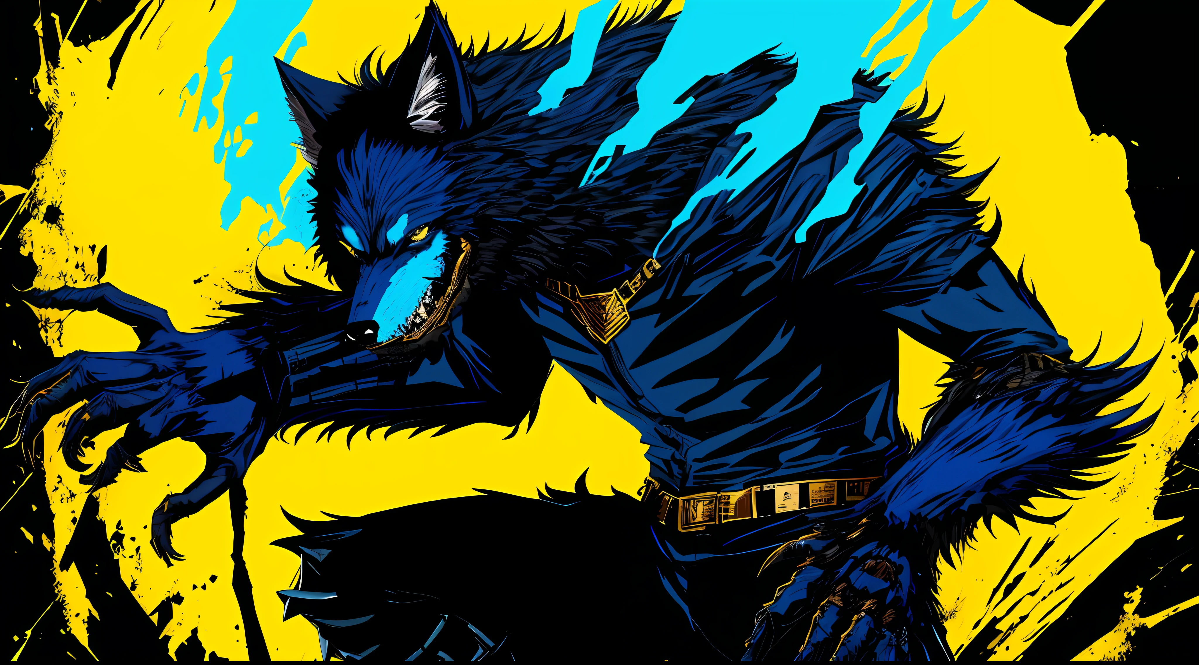 blue and black, a full body werewolf, solo, in the style of Mork Borg, strong contrast, grunge dirty punk splash art, black metal zine