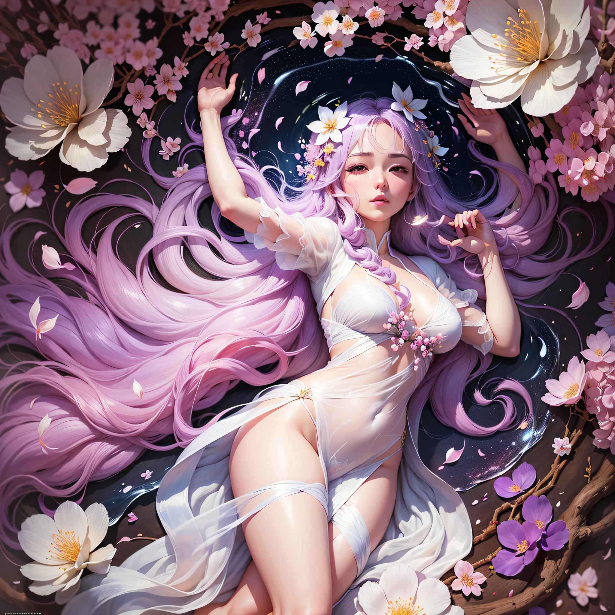 (extremely detailed CG unity 8k wallpaper, masterpiece, best quality, ultra-detailed), (best illumination, best shadow, an extremely delicate and beautiful), white silk clothes, dynamic pose, dynamic angle, cherry blossoms, blue splashing, petals, twilight, watercolor. --auto --s2