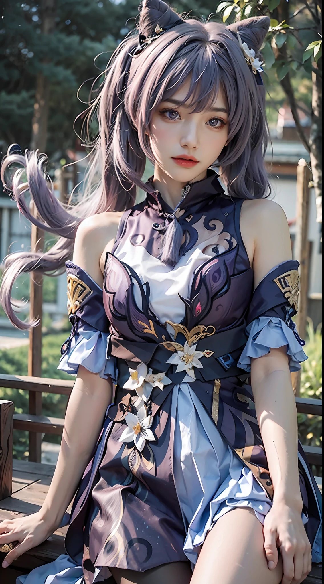 Masterpiece, best quality, detail, depth of field, ultra-realistic, realistic face and eyes, realistic skin texture, cinematic lighting, eyes to see the audience. 1 girl, solo, (frown, closed mouth), keqing_\(genshin_impact\), purple_eyes, purple hair, double tail, sharp eyes, serious face, gloves, black stockings, outdoor, purple lightning, fileg, lightning glowing sword, purple lightning, upper body