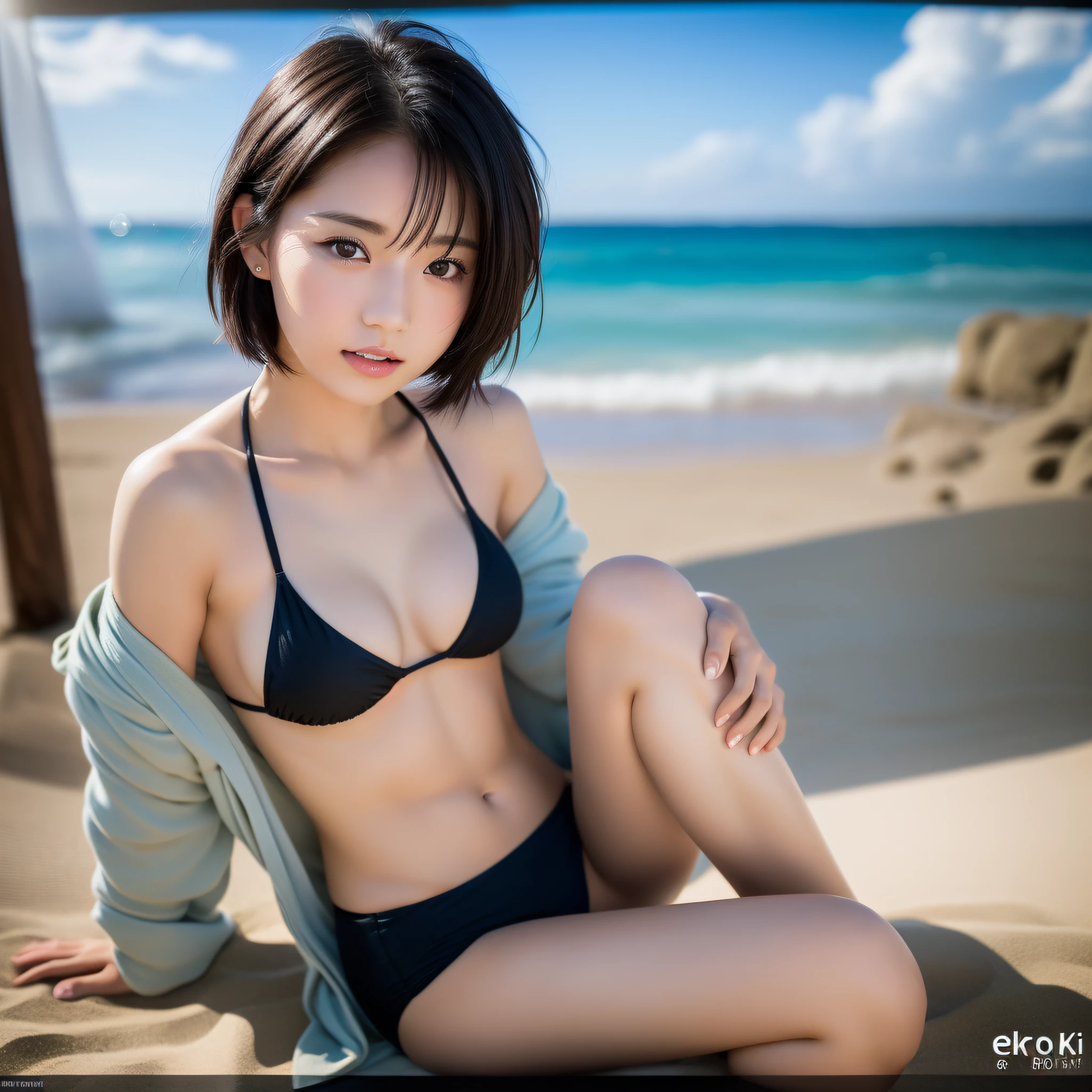 ((Best Quality, 8K)), Beach, Beautiful Girl, Sitting on the Beach, Cinema Lighting, Idol, Japan Person, Seeing, Black Eyes, Small, Black Hair, Short Hair, No Makeup, Detailed Skin,, Sexy, Cute Face, Detailed Eyes, Micro Bikini, Background Blur