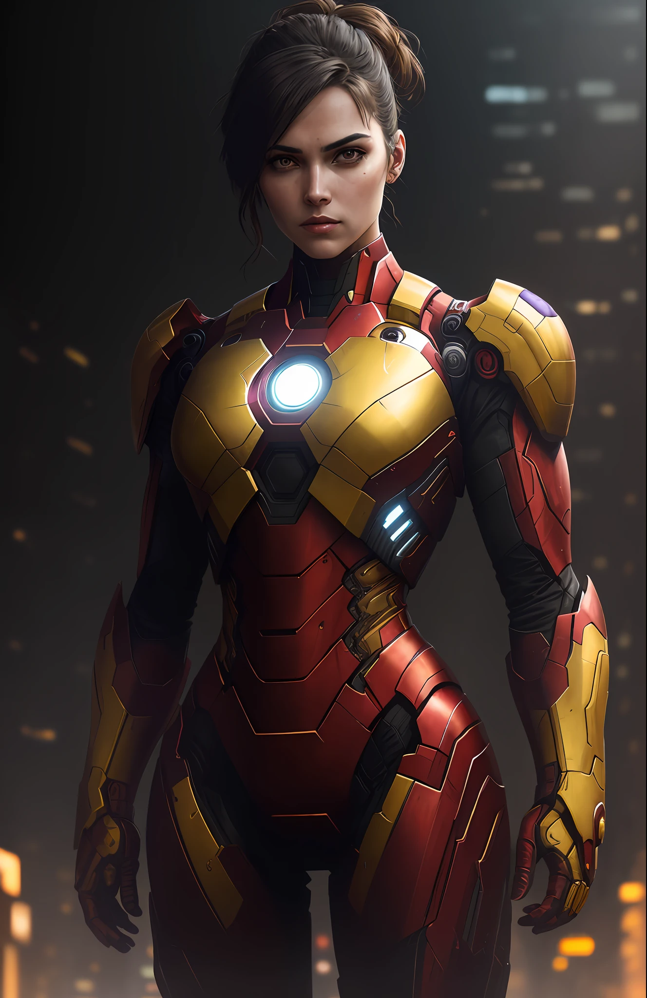 (dark shot: 1.1), epic realistic, Woman dressed as Iron Man (sexy) from Marvel, yellow gradient, black, brown and purple color scheme, grunge aesthetic!!! graffiti tag wall background, art by Greg Rutkowski and artgerm, soft cinematic light, Adobe Lightroom, darkroom, HDR, intricate, highly detailed, (depth of field: 1.4), faded, (neutral colors: 1.2), (hdr: 1.4), (muted colors: 1.2), hyper-detail (artstation: 1.4), cinematic, warm light, dramatic light (complex details: 1.1)