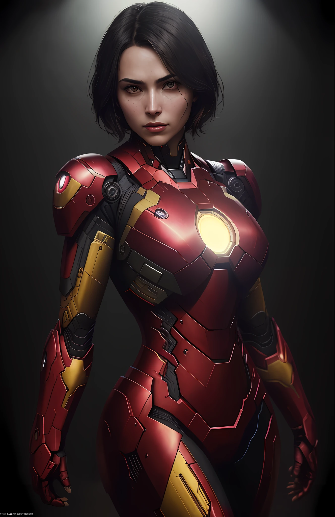 (dark shot: 1.1), epic realistic, Woman dressed as Iron Man (sexy, big boobs) from Marvel, yellow gradient, black, brown and magenta color scheme, grunge aesthetics!!! graffiti tag wall background, art by Greg Rutkowski and artgerm, soft cinematic light, Adobe Lightroom, darkroom, HDR, intricate, highly detailed, (depth of field: 1.4), faded, (neutral colors: 1.2), (hdr: 1.4), (muted colors: 1.2), hyper-detail (artstation: 1.4), cinematic, warm light, dramatic light (complex details: 1.1)