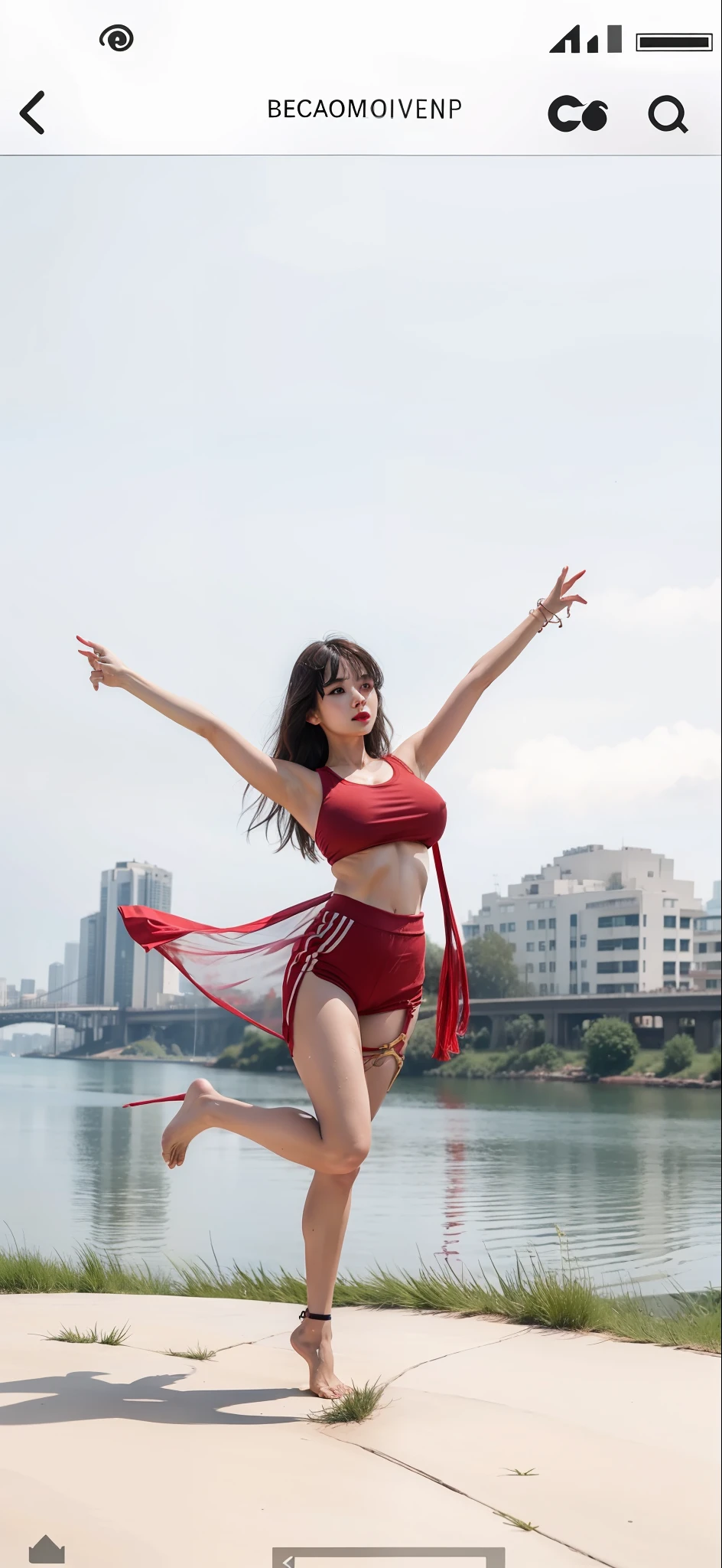 girl, bangs, bare shoulders, , breasts, breasts squeezed together, gray background, hair between eyes, long hair, view viewer, pants, parted lips, red eyes, shirt, simple background, sleeveless, sleeveless shirt, solo, , varms, , (shiny skin), (masterpiece: 1.4), (best quality: 1.4), (best quality: 1.4), ,,, Facigirl, red lips, perfect abs, navel, (:1.5), (transparent areola), , huge, sweaty, real people, non-cg animation