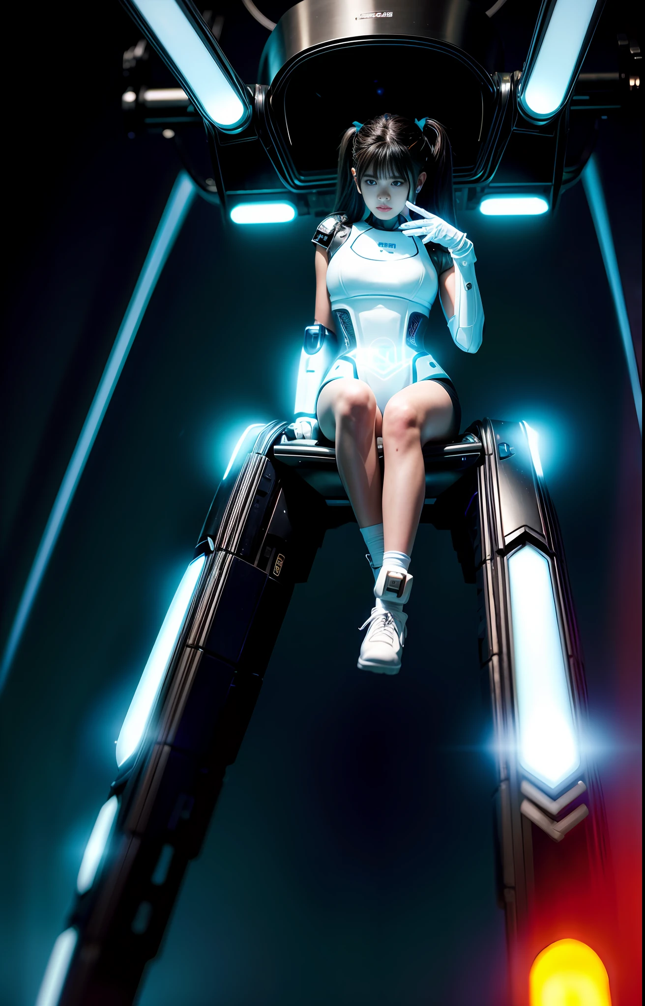 arafed woman wearing white cyberpunk suit, technology hardware on hands, girl sitting on a LED futuristic robot, black hair, long hair, reflective surface, korean women's fashion model, bae suzy, ulzzang, latex suit white clothing style, krystal, style kim jung gi, heonhwa choe, jinyoung shin, official, cyberpunk environment, neon lights, lens flare, mechanical hands, (mechanical parts:1.5), (masterpiece:1.2), (add more details:1.3), (intricate detail:1.3)