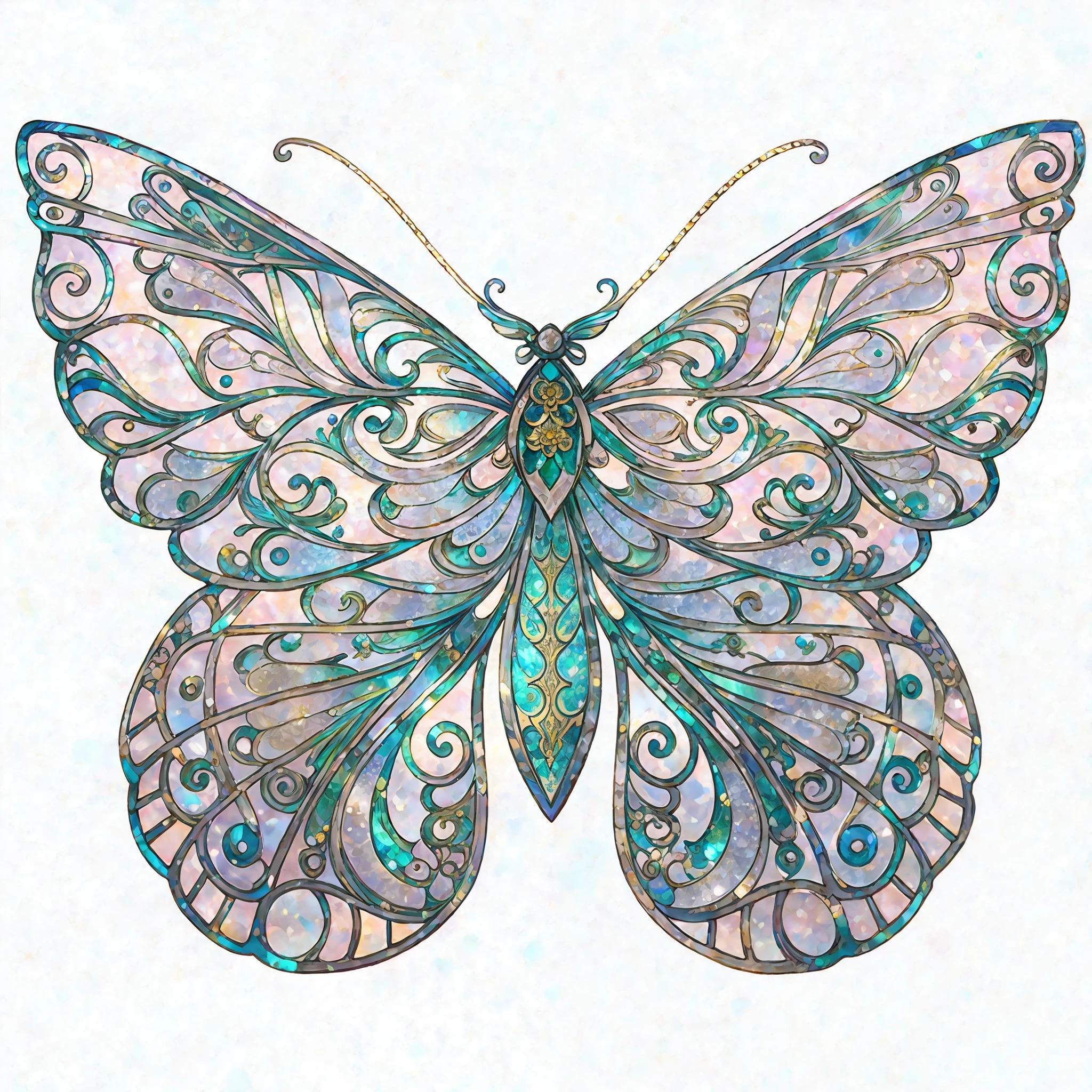Rainbow color, flying insect, scale, wing, blue, textured, complex, gorgeous, shadow, light pastel color, highly detailed, decorative style, Tim Burton, Dale Chihuli, Xiaolongcheng, Cyril Rolando, author hour gigue, bright gold, rainbow gold leaf, gold dust, sparkle, diamond, crystal, rainbow, gold dust, gold leaf, bright gold, universe, milky way, starry sky, (traditional Chinese color matching, Traditional Chinese patterns: 1.5), Baoxiang flowers, William Morris, (filigree lace, and detailed details, masterpiece, gold artwork: 1.5) (gold art frame, inlaid stained glass, bright light: 1.5)