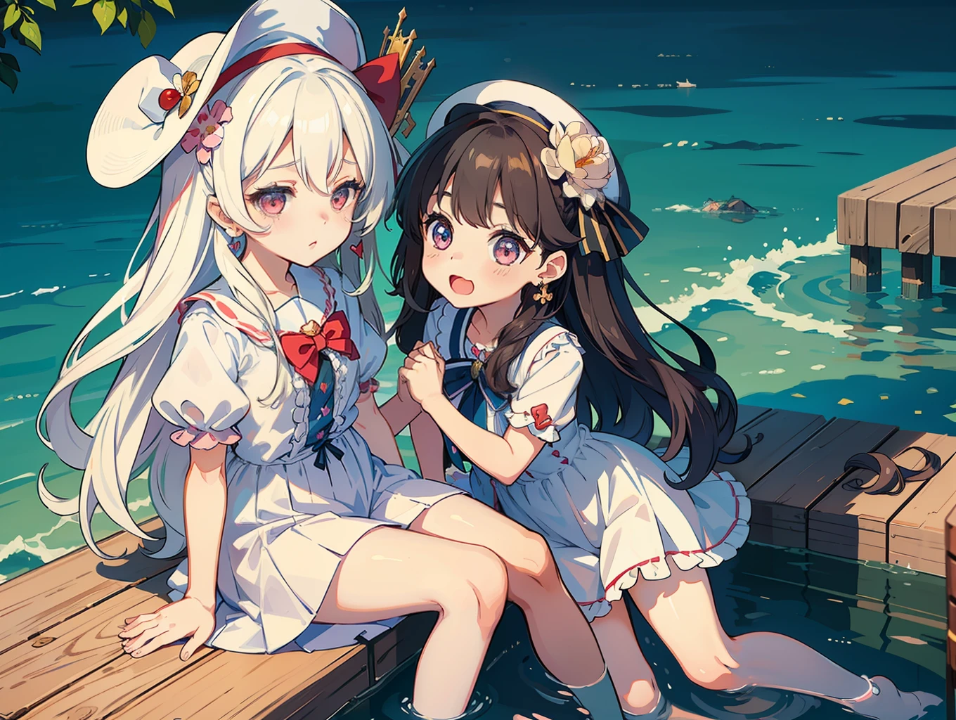 (Two Little Girls), (A Cute Little Girl), (Another Cute Little Girl), Wavy Hair, Long Hair, (Flower Headdress), Heart-shaped Earrings, (Eyes as Jewels as Shining), Innocence, (Seaside), Short Sleeves, (Young), (White Skin), (Slender Body), (White Stockings), (Hat), (Bow), (Sit Together), Cute Cute , cute cute cute cute cute cute, little girl, (small), cg, (short), (tsundere), cute cute, cute, cute, cute,