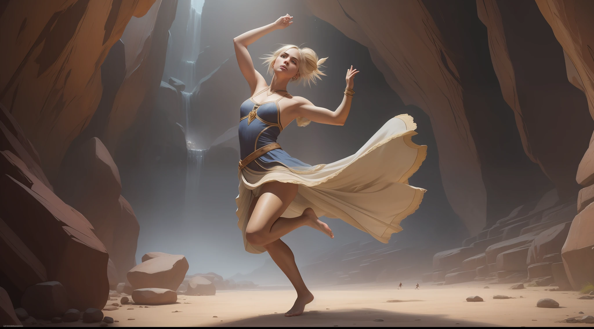 woman dancing barefoot, slave outfit, full body, illustration, color, bob haircut, barefoot, Jordan grimmer and Greg rutkowski, small breasts, blonde hair ponytail, cave background, watching berserker, hyperrealism, strong impressionist painting style, 1,618, elegant, ethereal, intricate, elaborate, hyper-realism, hyper-detailed, strong expressiveness and emotionality, cinematic lighting, visual clarity