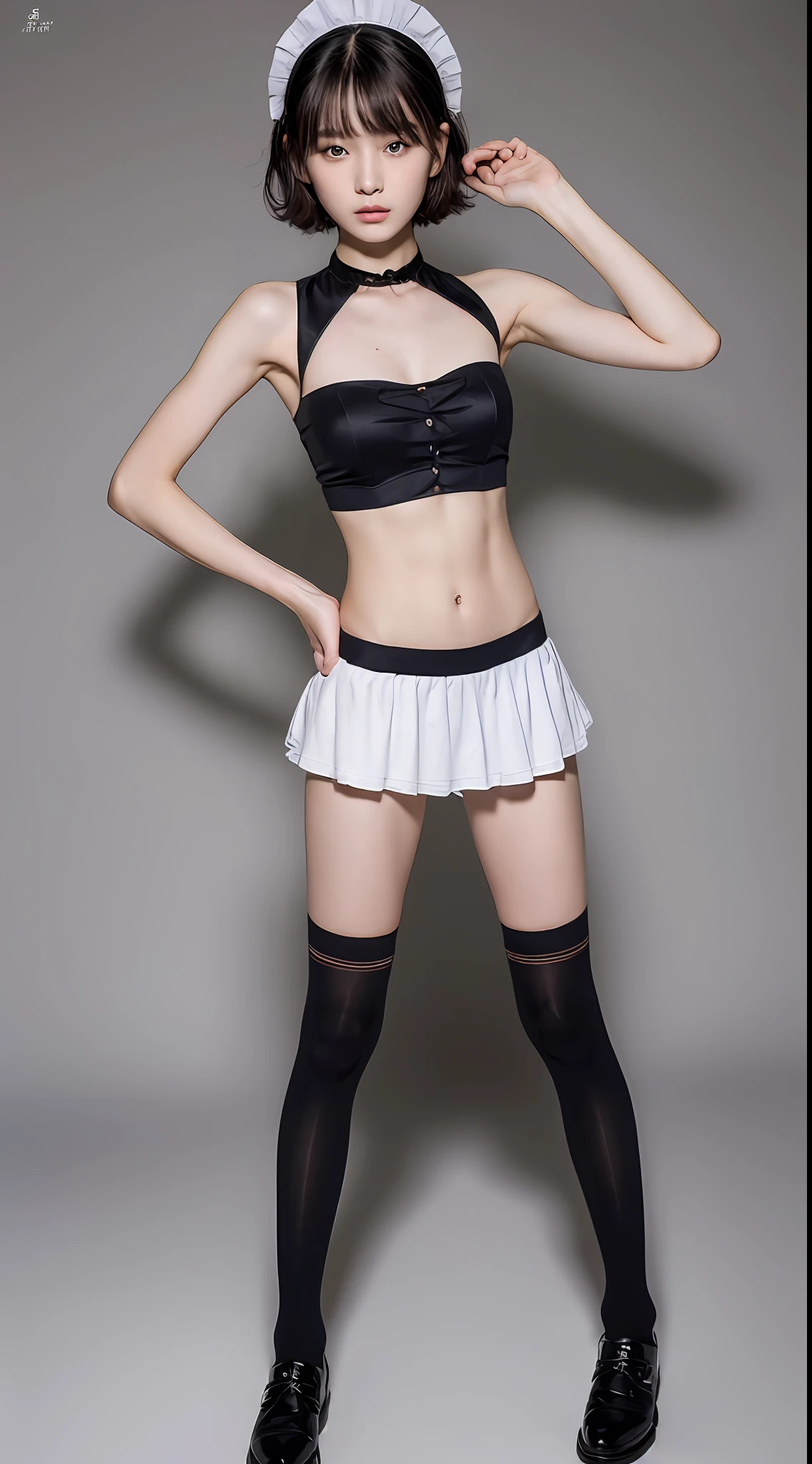 ((Top Quality, 8k, Masterpiece: 1.3)), 1 girl of 12 years old, Beauty with slender abs: 1.3, (Medium Short Hair, Small: 1.2), Maid Clothes: 1.1, Ultra Detailed Face, Detailed Eyes, Double Eyelids, Knee High Socks, Full Body, Black Shoes