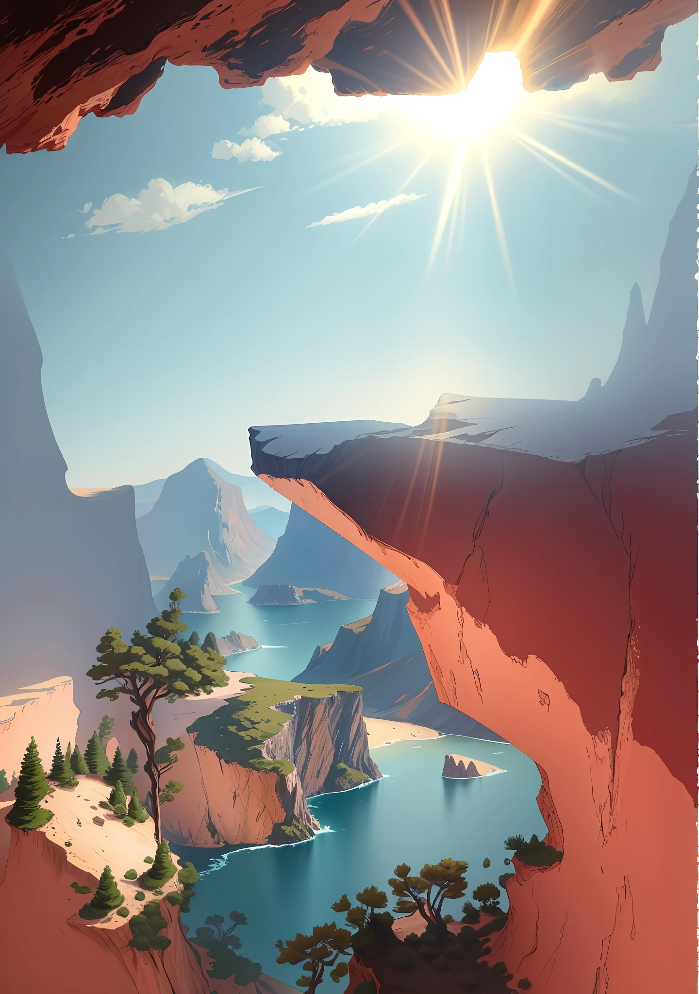 there is a picture of a man standing on a cliff, random background scene, detailed trees and cliffs, rocky environment, low detailed. digital painting, anime landscape, cliff side, background art, some mountains in the background, cliffside, some trees in the background, canyon background, detailed digital painting, random detail, top of a canyon, disney inspired landscape