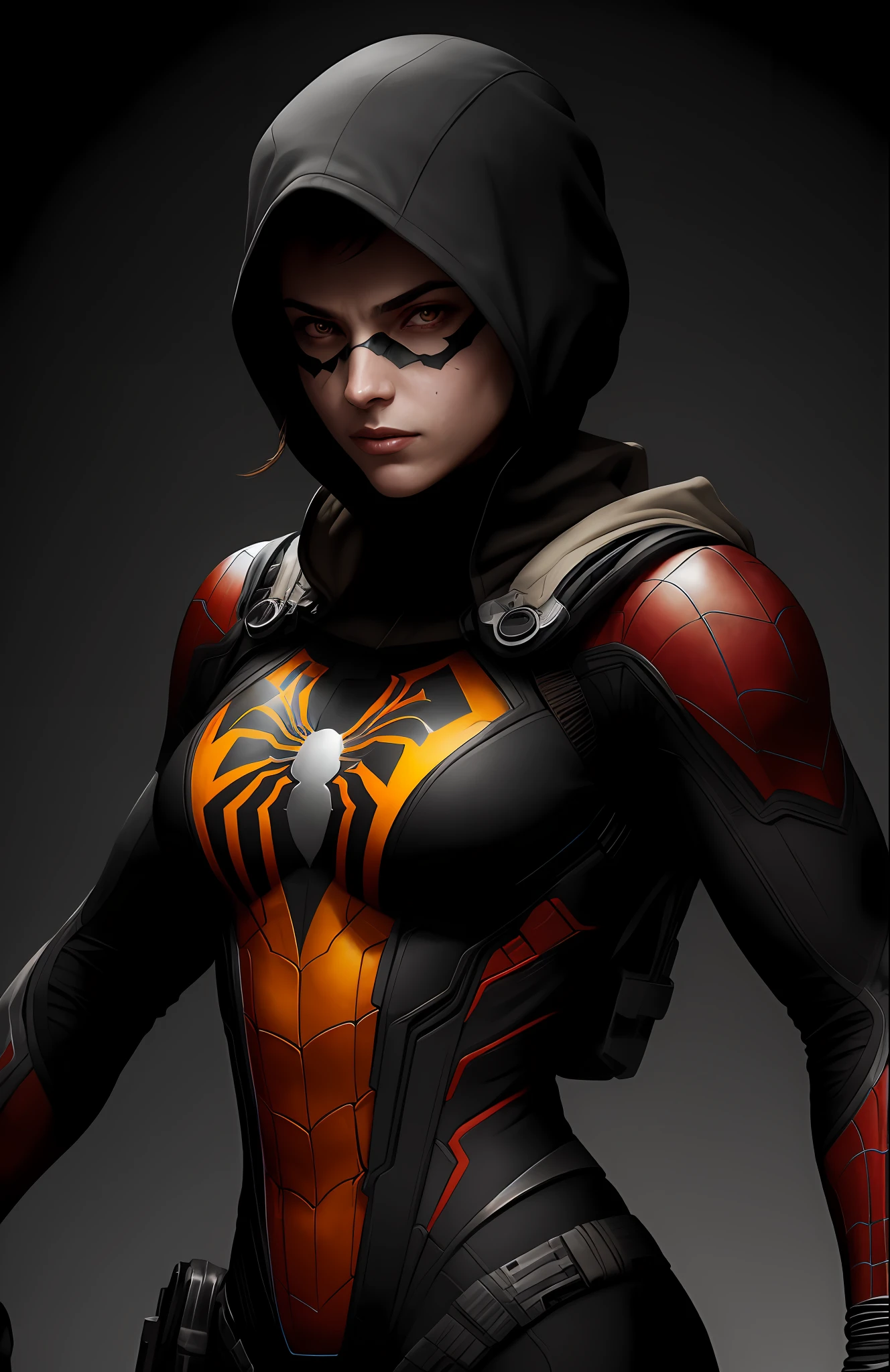 (dark shot: 1.1), epic realistic, Woman dressed as Spider-Man (sexy) from Marvel, yellow gradient, black, brown and purple color scheme, grunge aesthetic!!! graffiti tag wall background, art by Greg Rutkowski and artgerm, soft cinematic light, Adobe Lightroom, darkroom, HDR, intricate, highly detailed, (depth of field: 1.4), faded, (neutral colors: 1.2), (hdr: 1.4), (muted colors: 1.2), hyper-detail (artstation: 1.4), cinematic, warm light, dramatic light (complex details: 1.1)