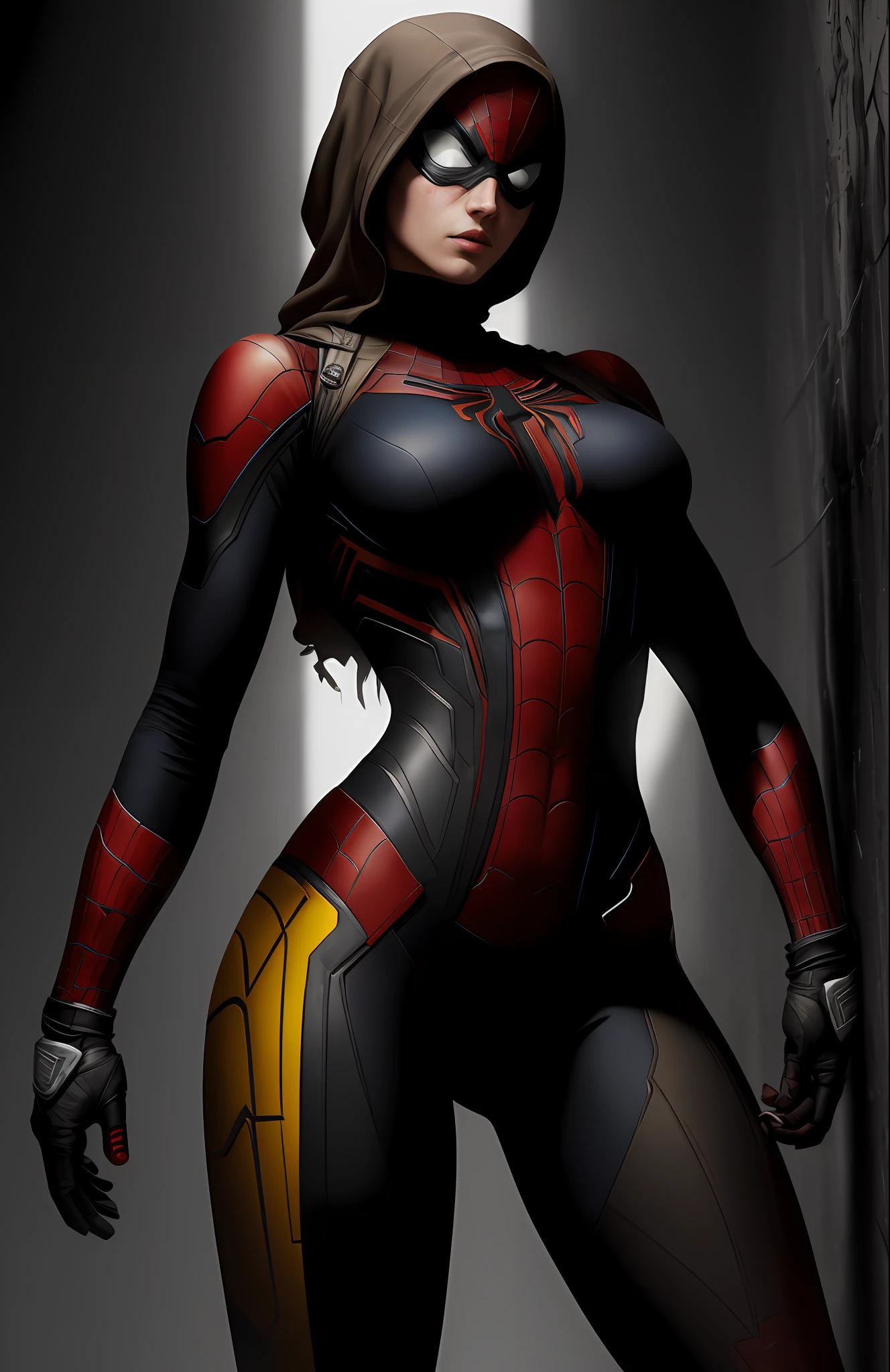(dark shot: 1.1), epic realistic, Woman dressed as Spider-Man (sexy) from Marvel, yellow gradient, black, brown and purple color scheme, grunge aesthetic!!! graffiti tag wall background, art by Greg Rutkowski and artgerm, soft cinematic light, Adobe Lightroom, darkroom, HDR, intricate, highly detailed, (depth of field: 1.4), faded, (neutral colors: 1.2), (hdr: 1.4), (muted colors: 1.2), hyper-detail (artstation: 1.4), cinematic, warm light, dramatic light (complex details: 1.1)