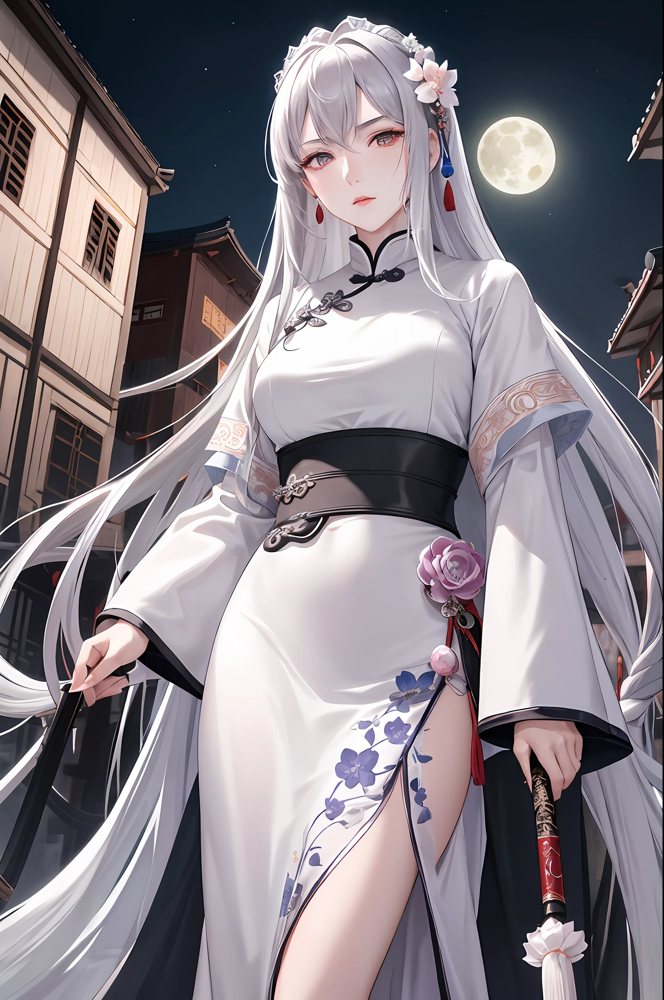 Masterpiece, Best, Night, Full Moon, 1 Female, Mature Woman, Chinese Style, Ancient China, Elder Sister, Royal Sister, Cold Face, Expressionless, Silver White Long Haired Woman, Pale Pink Lips, Calm, Intellectual, Three Belts, Gray Hitomi, assassin, dagger, flower ball background, street view