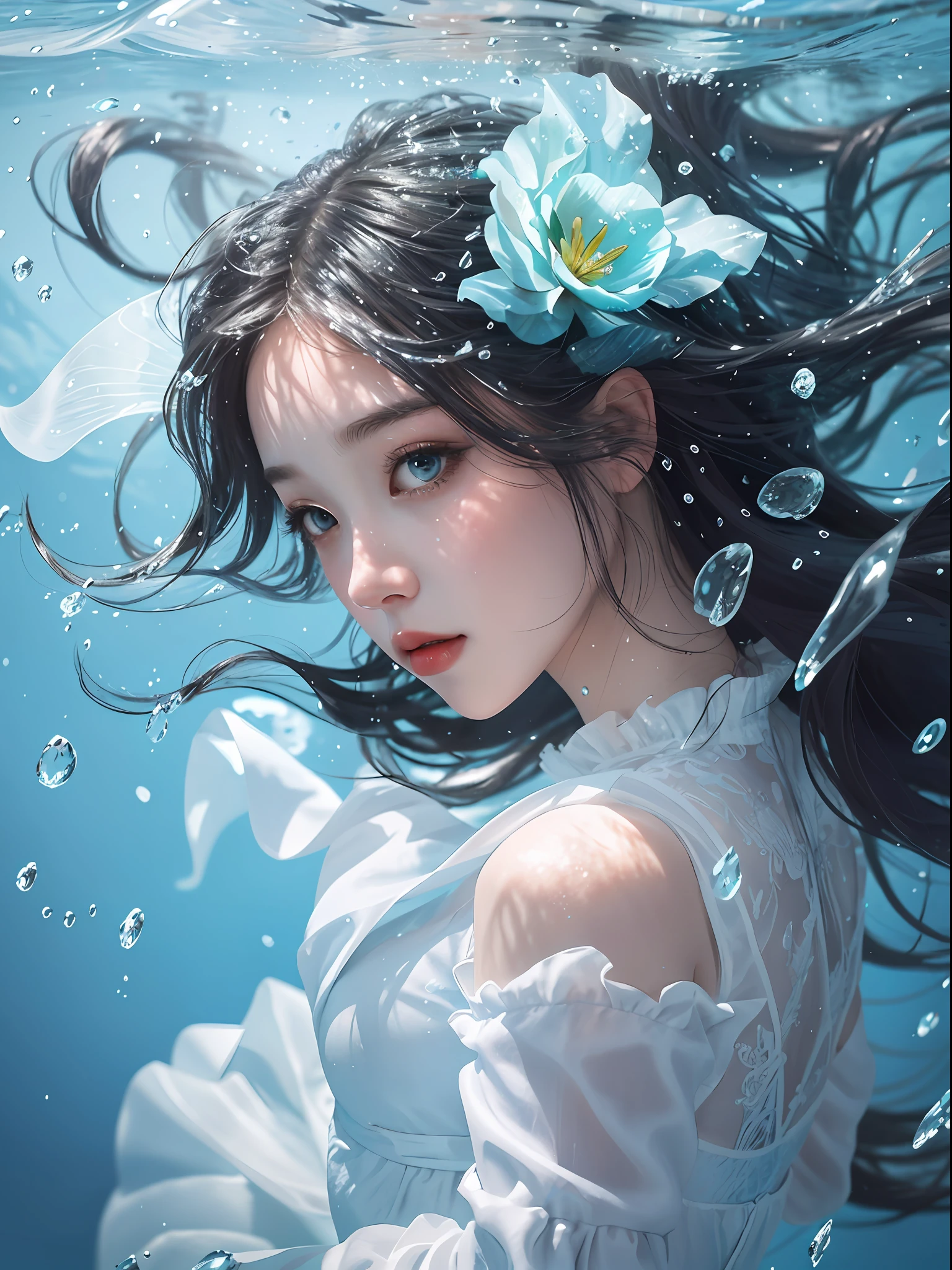 a close up of a woman in a white dress under water, wallpaper anime blue water, artwork in the style of guweiz, closeup fantasy with water magic, by Yang J, guweiz, a beautiful artwork illustration, water fairy, beautiful digital artwork, beautiful digital illustration, by Li Song, in the art style of bowater, beautiful anime portrait