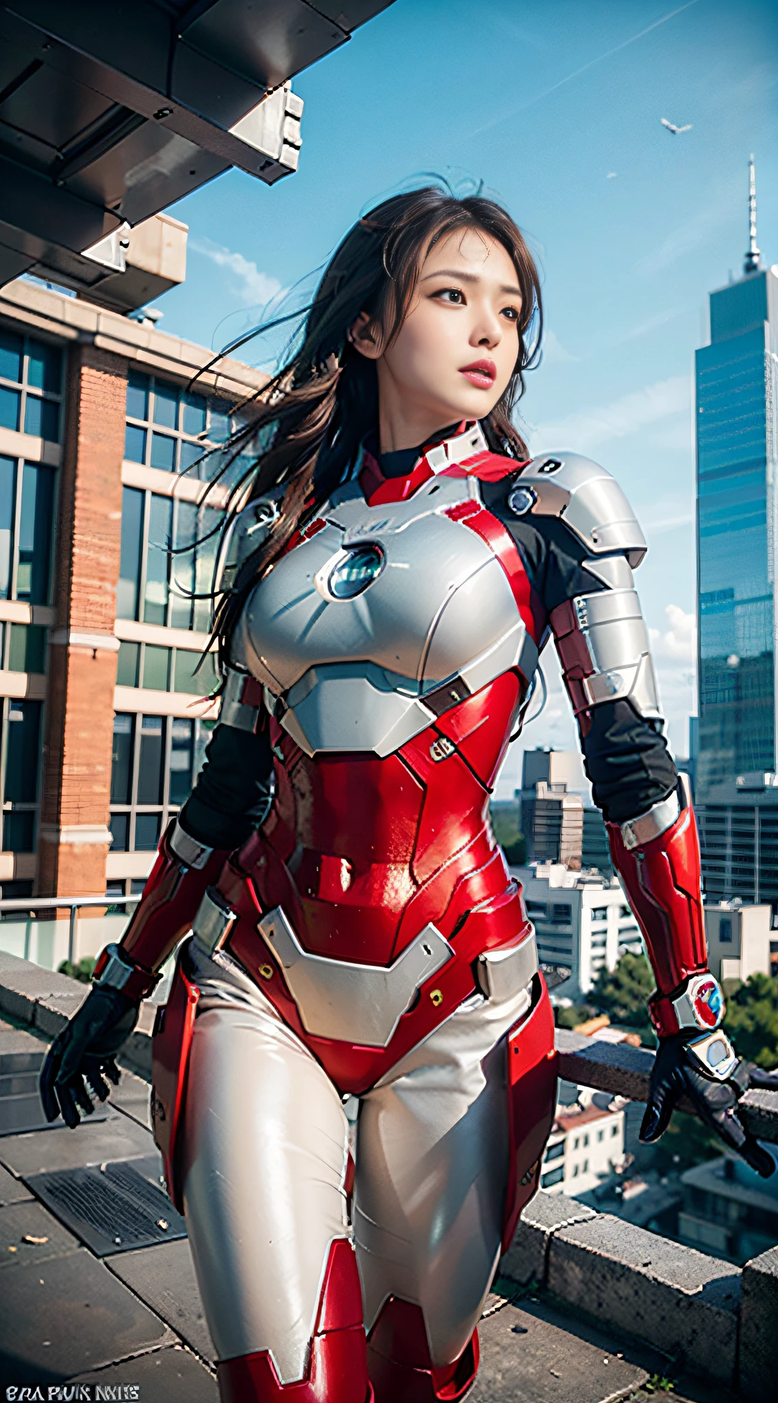 RAW, Masterpiece, Ultra Fine Photo,, Best Quality, Ultra High Resolution, Photorealistic, Sunlight, Full Body Portrait, Stunningly Beautiful,, Dynamic Poses, Delicate Face, Vibrant Eyes, (Side View) , she is wearing a futuristic Iron Man mech, red and gold color scheme, highly detailed abandoned warehouse background, detailed face, detailed and complex busy background, messy, gorgeous, milky white, high detailed skin, realistic skin details, visible pores , sharp focus, volumetric fog, 8k uhd, dslr camera, high quality, film grain, fair skin, photorealism, lomography, sprawling metropolis in futuristic dystopia, view from below, translucent
