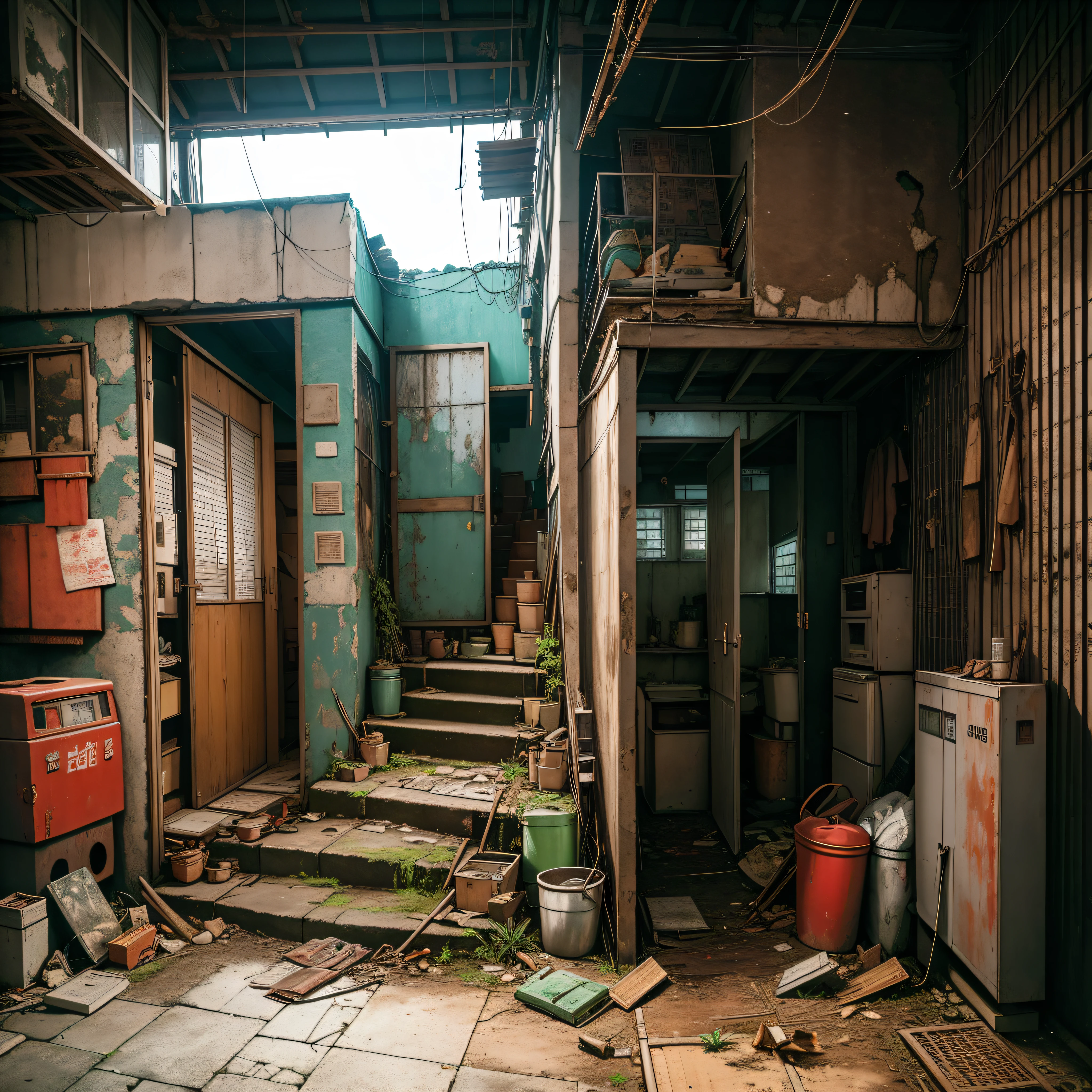 Abandoned house, entrance, shoe box, Dojunkai apartment surreal and very detailed illustrations, images with objects very loaded, viewpoint from below, dirty cement stairs with cracks, trash cans, metal signs, cables, poles, rusty pipes, wall pipes, electricity meters, gray and dark walls, empty boxes, old paper on the floor, paint on damaged walls, metal and rusty scrap, mechanical parts (rusty, brown), dim lighting, very dark landscape shadows, red and green neon lights, moisture, wooden, entrance, evening, toys, cute, lots of green empty bottles, shoes, umbrellas --auto --s2