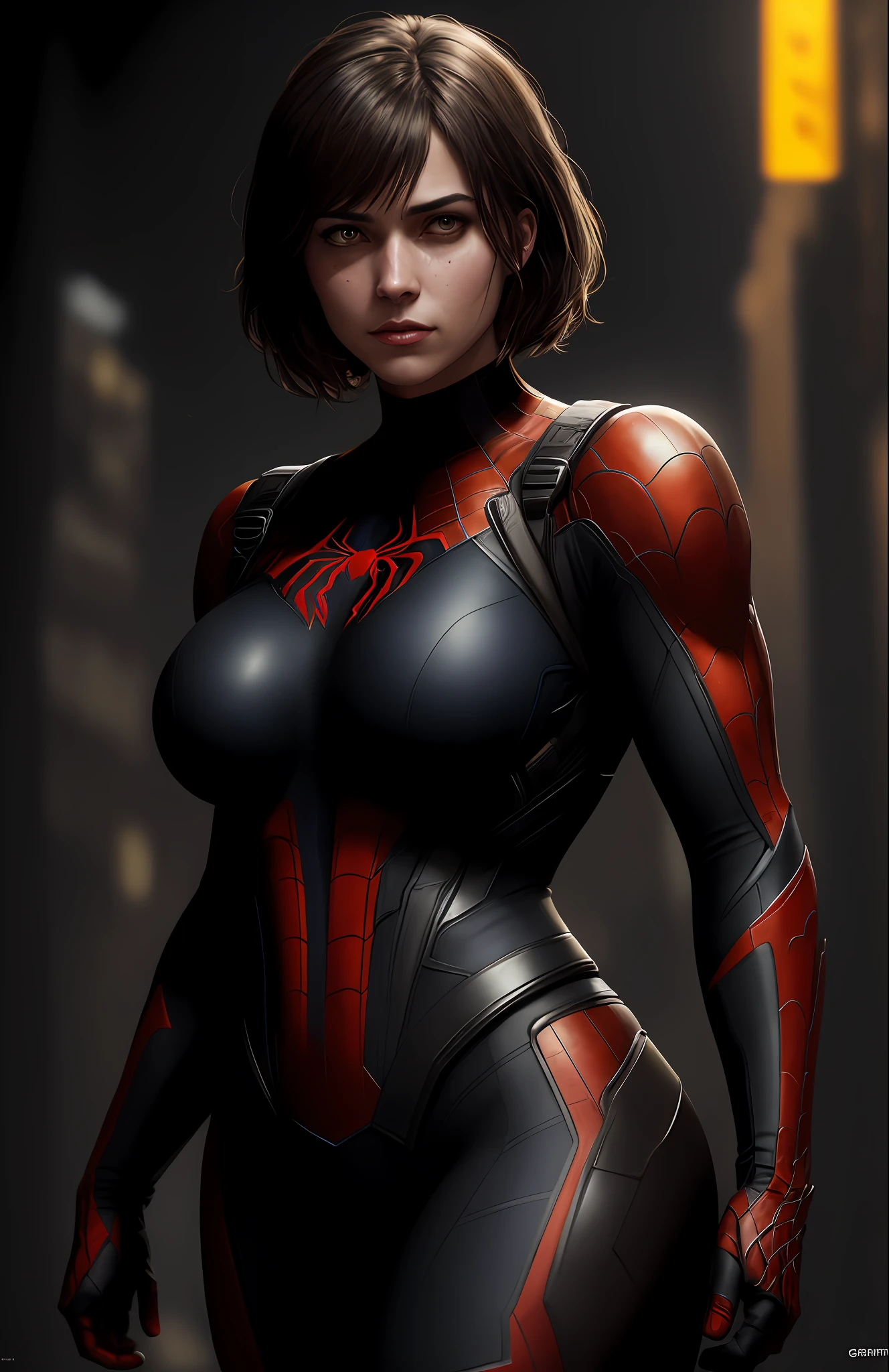 (dark shot: 1.1), epic realistic, Woman dressed as Spider-Man (sexy, big boobs) from Marvel, yellow gradient, black, brown and purple color scheme, grunge aesthetic!!! graffiti tag wall background, art by Greg Rutkowski and artgerm, soft cinematic light, Adobe Lightroom, darkroom, HDR, intricate, highly detailed, (depth of field: 1.4), faded, (neutral colors: 1.2), (hdr: 1.4), (muted colors: 1.2), hyper-detail (artstation: 1.4), cinematic, warm light, dramatic light (complex details: 1.1)