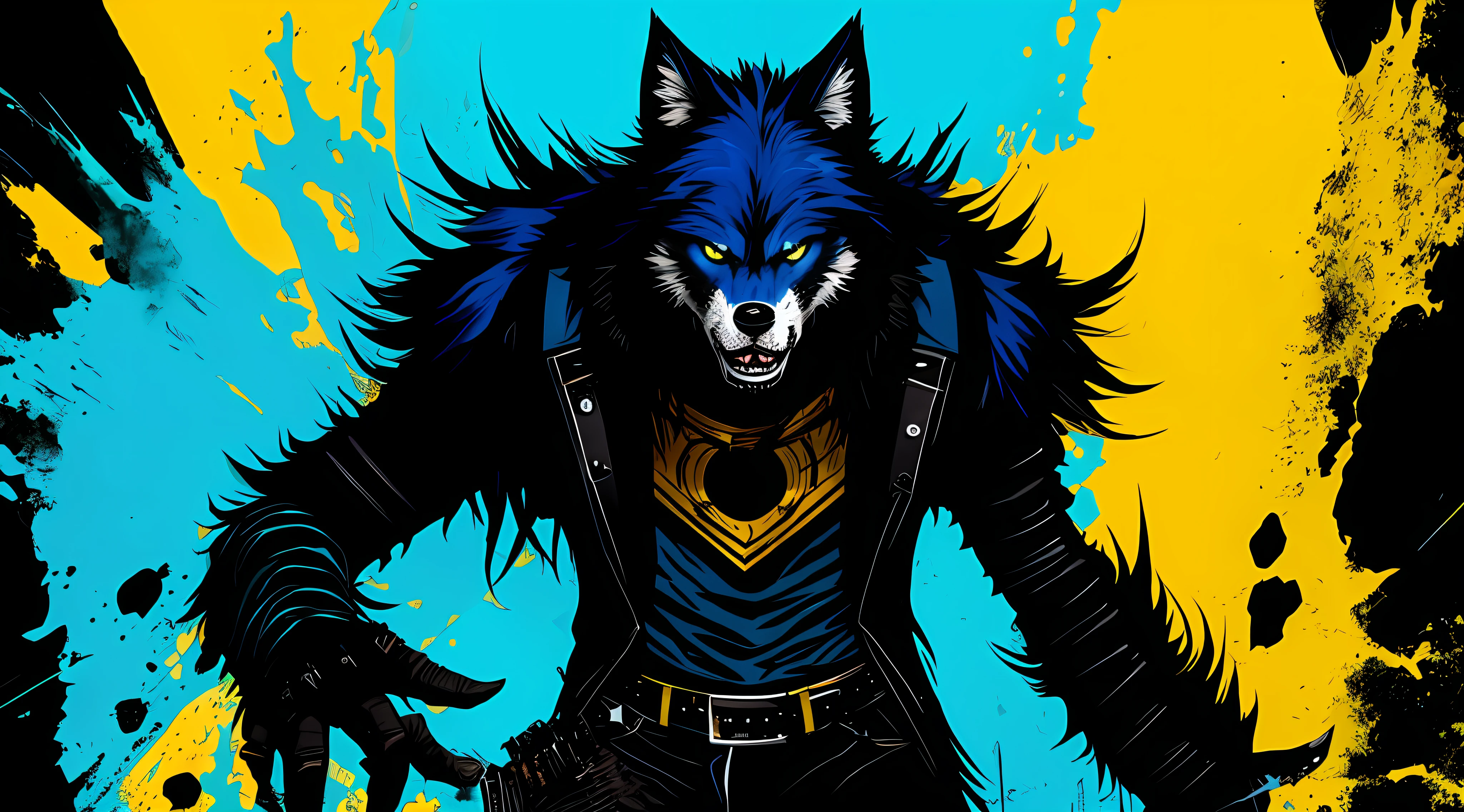 blue and black, a full body werewolf, solo, in the style of Mork Borg, strong contrast, grunge dirty punk splash art, black metal zine