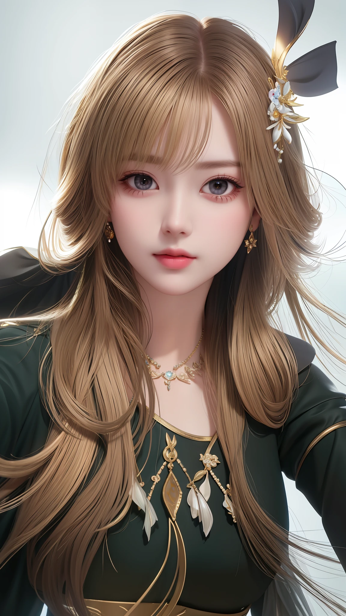 Best quality, masterpiece, high resolution, 1girl, porcelain dress, hair accessories, necklace, jewelry, beautiful face, on the body, Tyndall effect, realistic, dark studio, edge lighting, two-tone lighting, (high detail skin: 1.2), 8k UHD, dslr, soft light, high quality, volumetric light, candid, photo, high resolution, 4k, 8k, background blur,