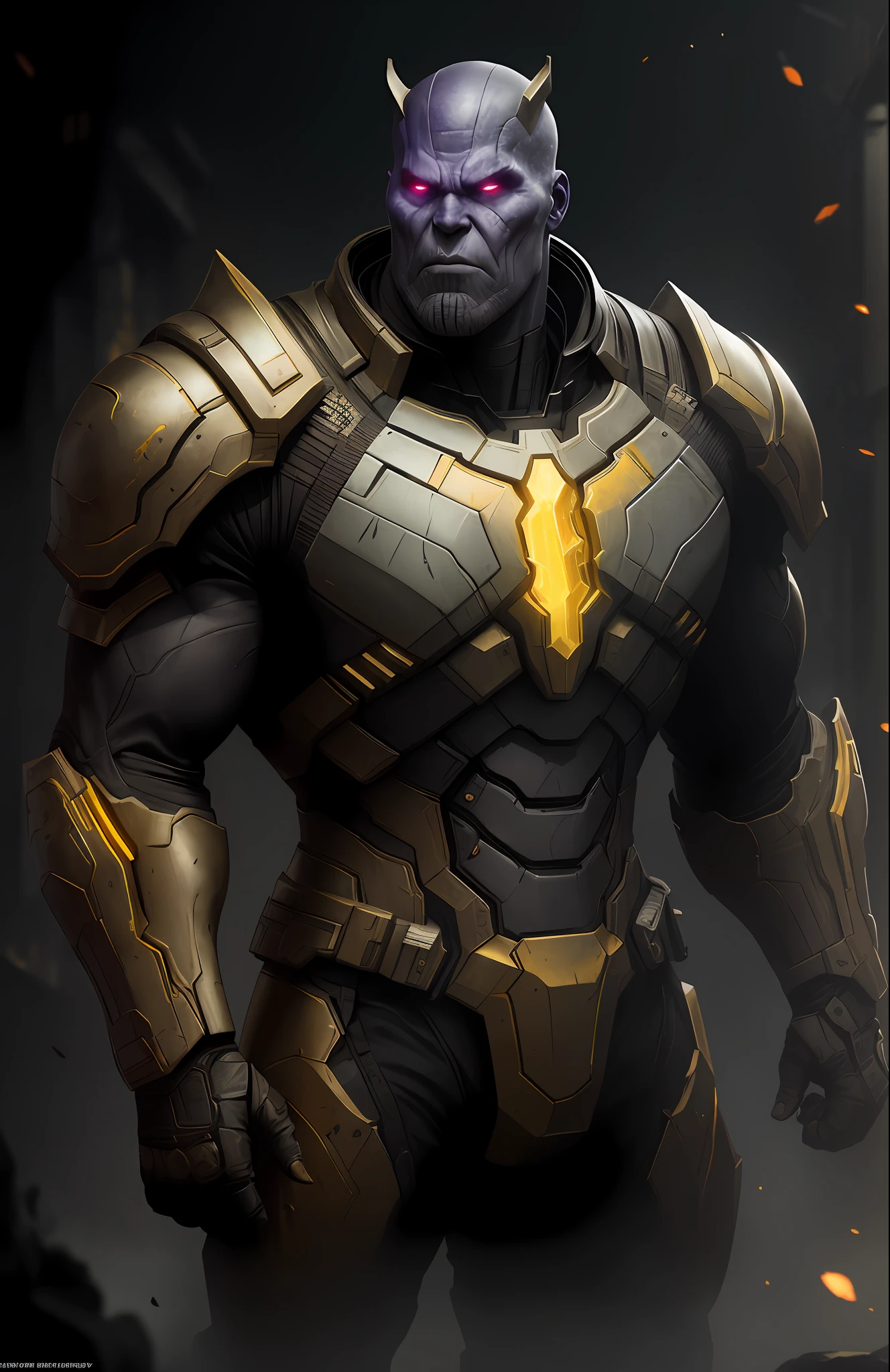 (dark shot: 1.1), epic realistic, Horseman of the Apocalypse Thanos from Marvel, yellow gradient, black, brown and magenta color scheme, grunge aesthetic!!! graffiti tag wall background, art by Greg Rutkowski and artgerm, soft cinematic light, Adobe Lightroom, darkroom, HDR, intricate, highly detailed, (depth of field: 1.4), faded, (neutral colors: 1.2), (hdr: 1.4), (muted colors: 1.2), hyper-detail (artstation: 1.4), cinematic, warm light, dramatic light (complex details: 1.1)