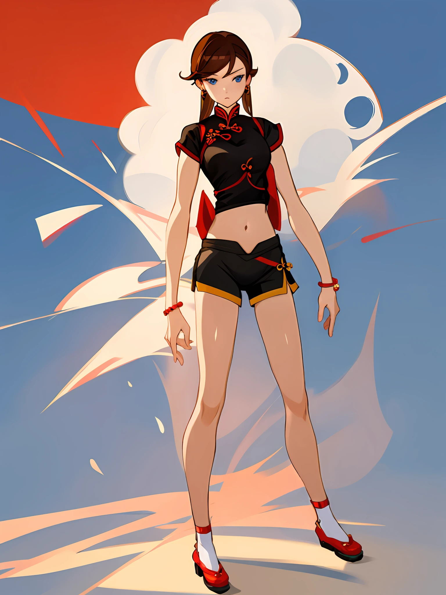 Drawing of a woman in a short skirt and top, full body concept, standing pose, standing elegant pose, full body !!, girl standing position, character pose, full body pose, full body character drawing, various poses, anime full body illustration, full body profile pose, single character full body, girl figure, character is her natural pose, Full body drawing, cheongsam, shorts, brown hair, ring, black brown clothes, blue eyes, red pearl earrings, belly button