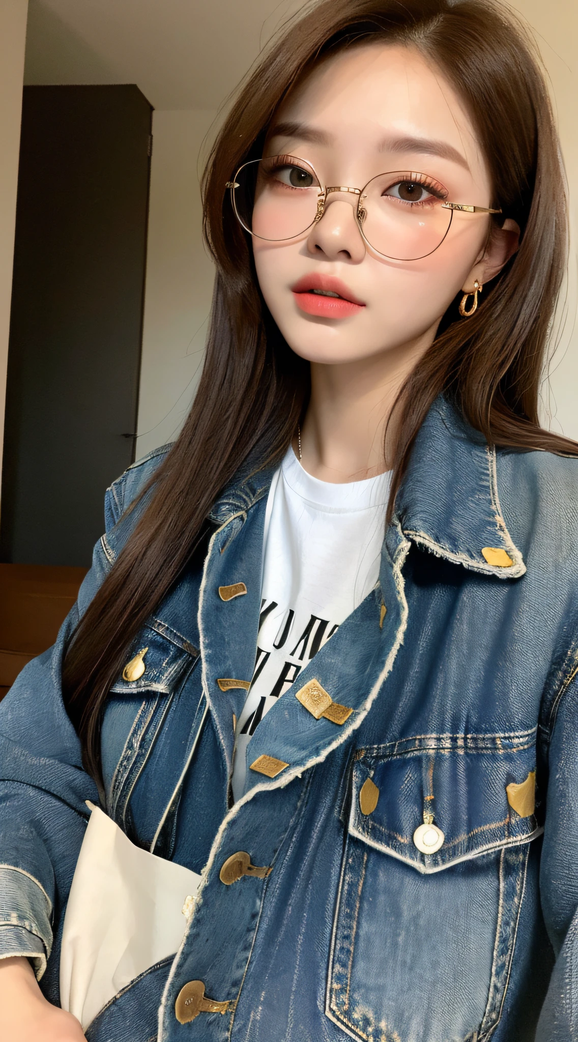 Best quality, ultra high resolution, (realism: 1.4), (ulzzang-6500: 1.0), brown hair, denim jacket white shirt, jeans, wearing gold glasses,