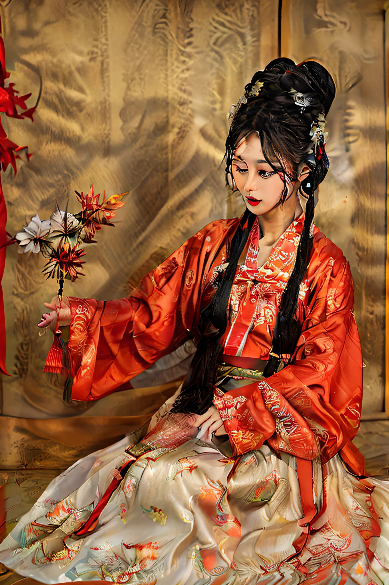 1girl, hair ornament, looking at viewer, black hair, red lips, long hair, upper body, chinese clothes, solo, long sleeves, jewelry, earrings, tassel, lantern, fire, architecture, hanfu, closed mouth, makeup, wide sleeves, bangs, east asian architecture, brown eyes, lips, brown hair, bug, floating hair, outdoors, building, solo focus, from side, fish, ribbon, lipstick, parted lips, butterfly, holding, kimono, hair stick, tassel earrings, wind, flower, hair flower, black eyes, paper lantern, hair bun, goldfish, sash, railing, light, looking to the side, ponytail, indoors, sidelocks, hair ribbon, orange theme,