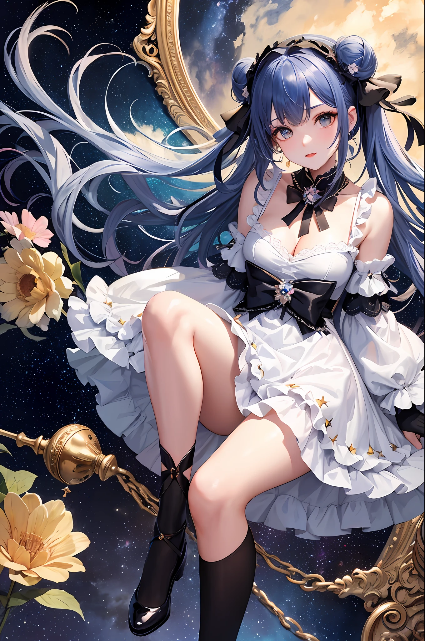 (Masterpiece, Top Quality, Best Quality, Watercolor (Middle), Official Art, Beauty and Aesthetics: 1.2), Bangs, Bare Shoulders, Bells, Black Glove, Black Pantyhose, (Blue Hair), Blush, Beautiful Breasts, Chinese Knot, Off Sleeves, Flower Knot, Water, Liquid, Clouds, Colorful, Starry Dots, Stars, Stockings, Star Diamond Milky Way, Floral Lolita Shoes, Bow Clips;