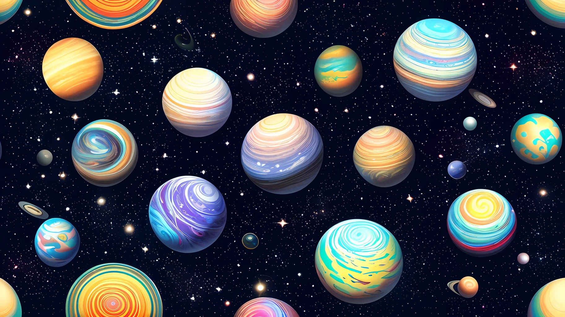 Seamless patterns of galaxies and planets, cosmic design, repeating patterns design, fabric art, flat illustration, rainbow-core, highly detailed clean, photorealistic masterpiece, professional photography, simple field background, isometric, saturn