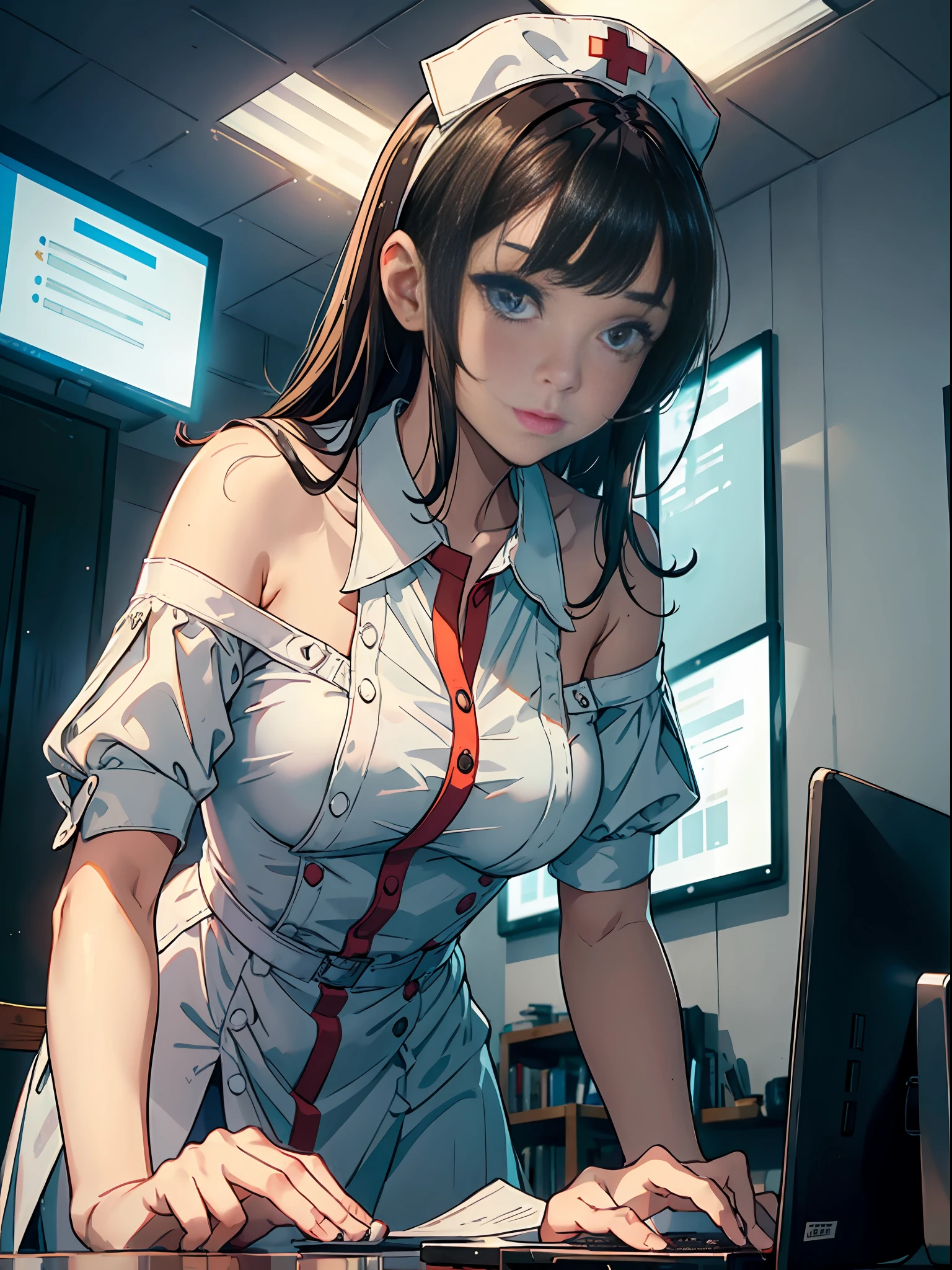 Girl who is reading and studying, female student, computer in the room, sweet looking, willow eyebrows, big eyes, girl with delicate facial features, girl sitting at the computer desk live broadcast, detail portrayal, infinite details, Tyndall effect, ultra definition, 8K, character tracing, ray tracing, modern women, high appearance, beauty, intellectual beauty, (((wearing white nurse uniform))), (urban beauty), (sexy), (seductive) (off-the-shoulder)