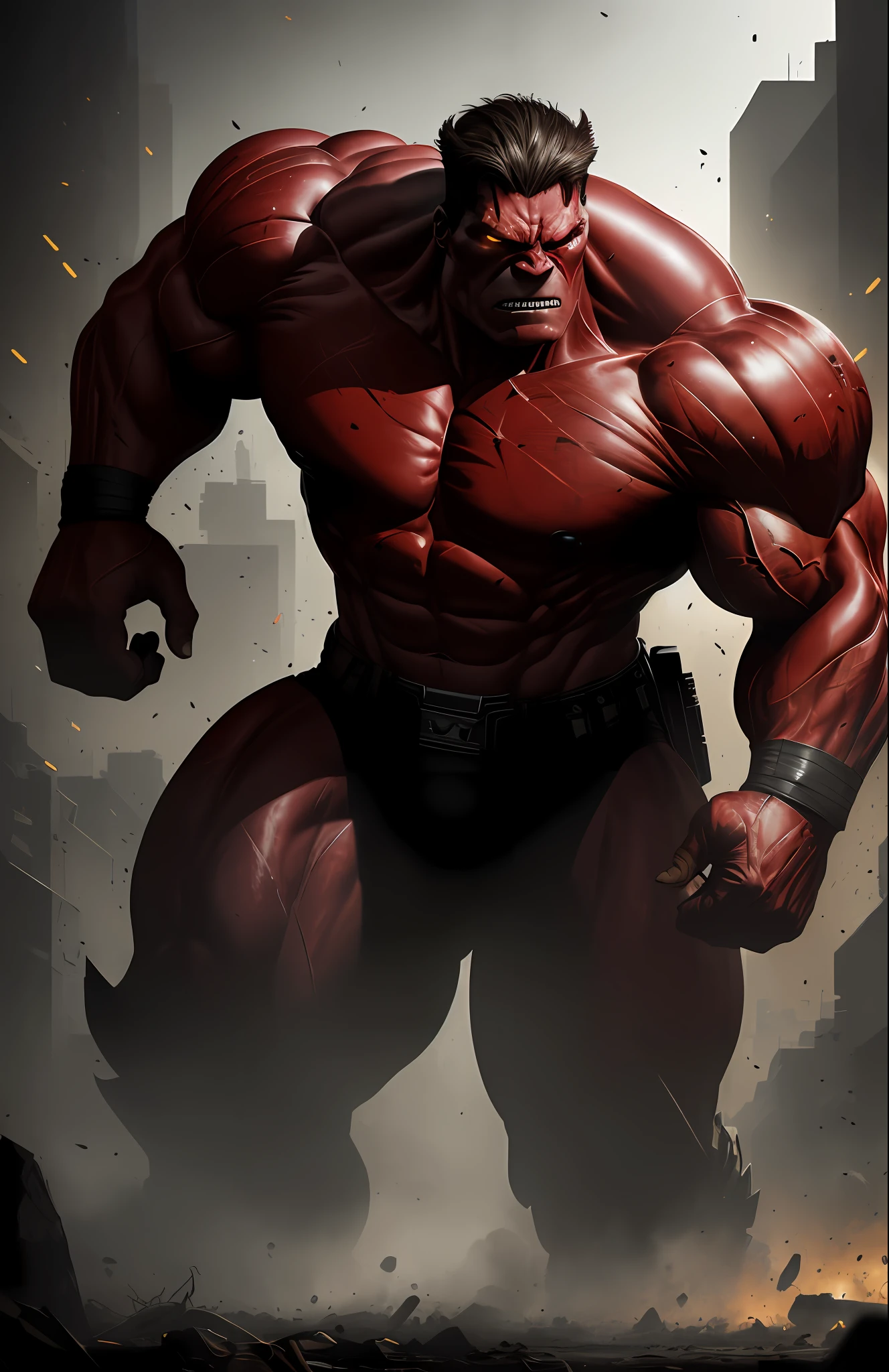 (dark shot: 1.1), epic realistic, Horseman of the Apocalypse Red Hulk from Marvel, yellow gradient, black, brown and magenta color scheme, grunge aesthetic!!! graffiti tag wall background, art by Greg Rutkowski and artgerm, soft cinematic light, Adobe Lightroom, darkroom, HDR, intricate, highly detailed, (depth of field: 1.4), faded, (neutral colors: 1.2), (hdr: 1.4), (muted colors: 1.2), hyper-detail (artstation: 1.4), cinematic, warm light, dramatic light (complex details: 1.1)
