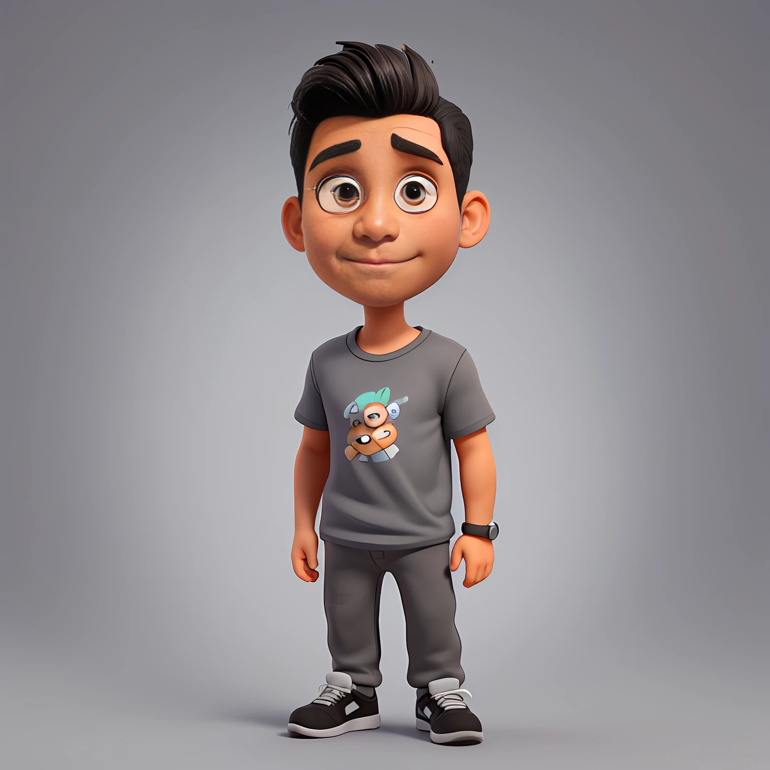 1 Cute small 41-years-old male repairman , huge head, Slicked-back hair ,front-facing, fit , Wearing gray T-Shirt and sweat pants and black running shoes,gay, Hip Hop Mood, full body view, highly detailed hands ,Toy figures,best quality, 3d cartoon,full body view, fantasy, dreamlike, surrealism, super cute, trending on artstation