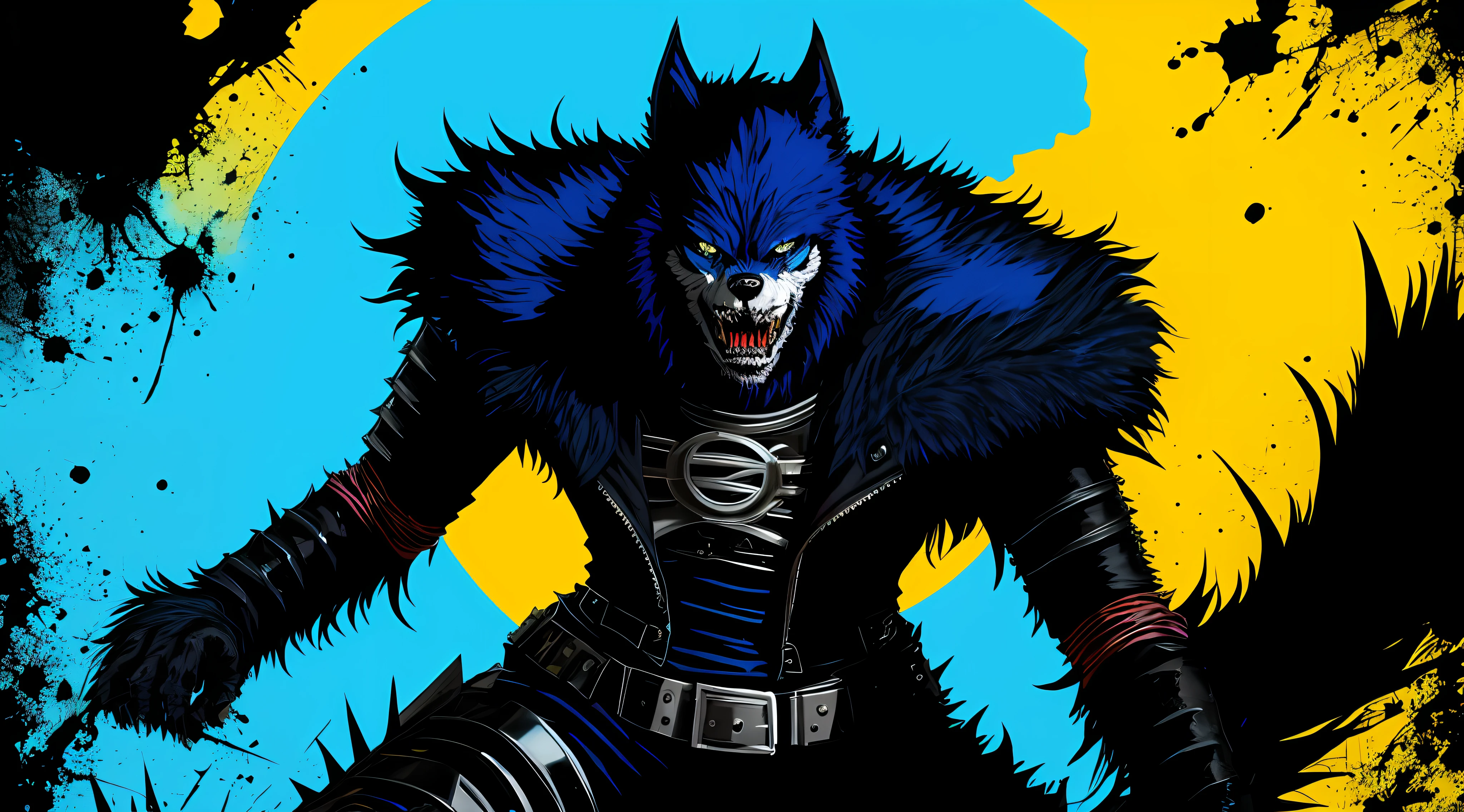 blue and black, a full body berserk werewolf, solo, in the style of Mork Borg, strong contrast, grunge dirty punk splash art, black metal zine