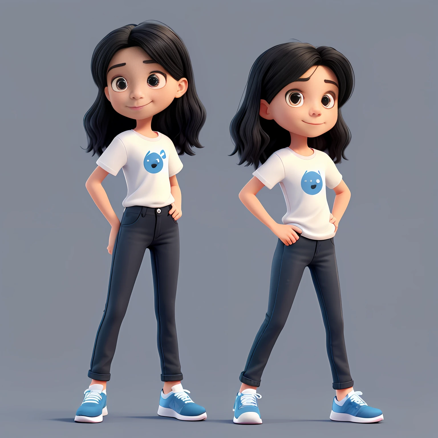 Cute and adorable cartoon tom holland girl , 40-years-old, long straight black hair, big dark eyes,smile,fit, Wearing white T-shirt and dark blue jeans and black nike running shoes,full body view, fantasy, dreamlike, surrealism, super cute, trending on artstation