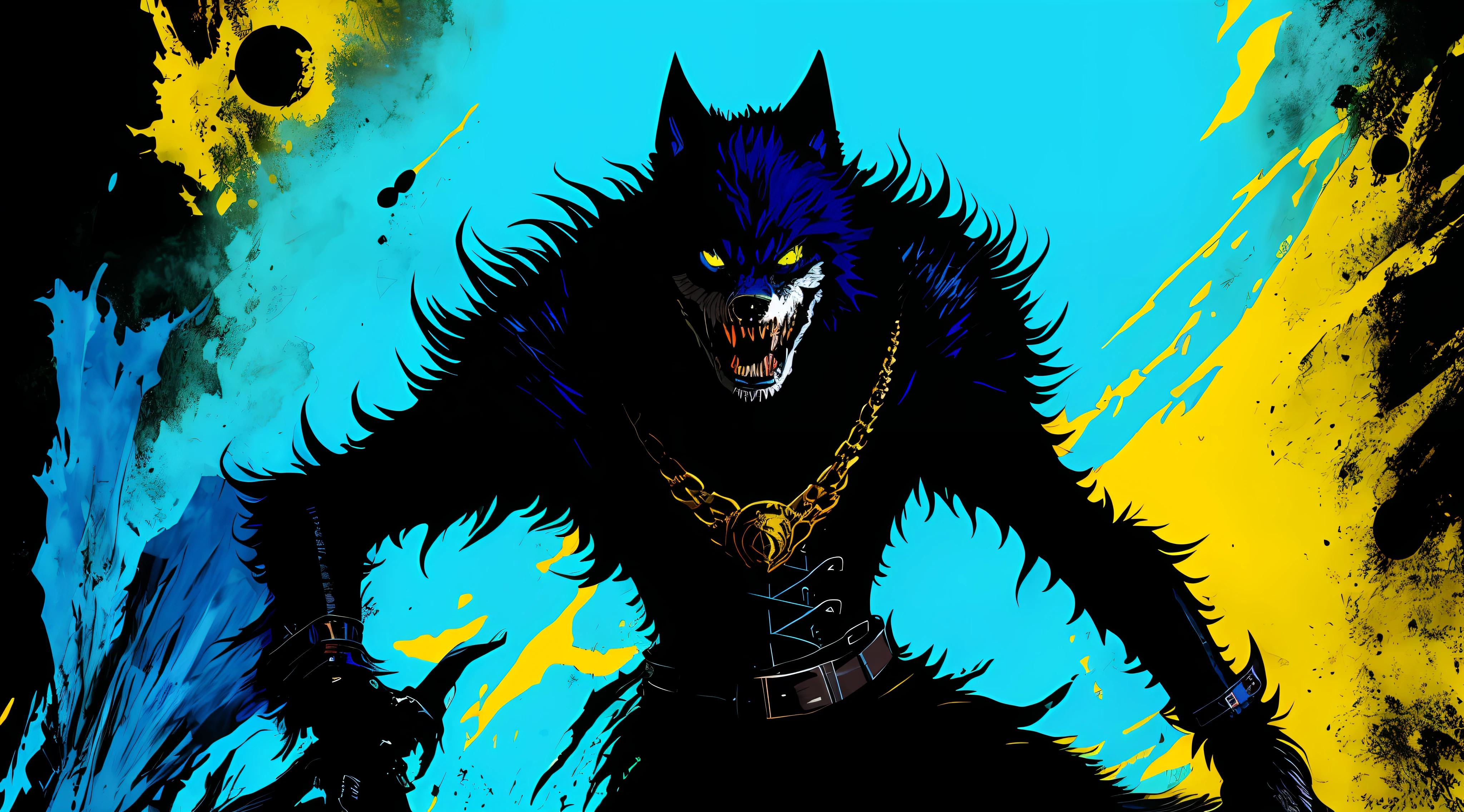 blue and black, a full body berserk werewolf, solo, in the style of Mork Borg, strong contrast, grunge dirty punk splash art, black metal zine
