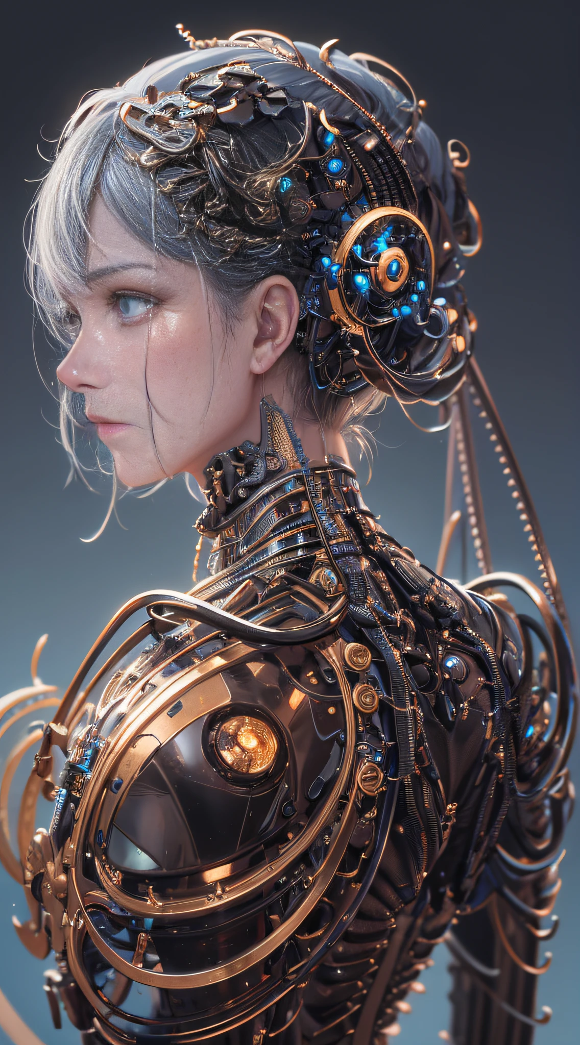 1mechanical girl,((ultra realistic details)), portrait, global illumination, shadows, octane render, 8k, ultra sharp,metal,intricate, ornaments detailed, cold colors, egypician detail, highly intricate details, realistic light, trending on cgsociety, glowing eyes, facing camera, neon details, machanical limbs,blood vessels connected to tubes,mechanical vertebra attaching to back,mechanical cervial attaching to neck,sitting,wires and cables connecting to head