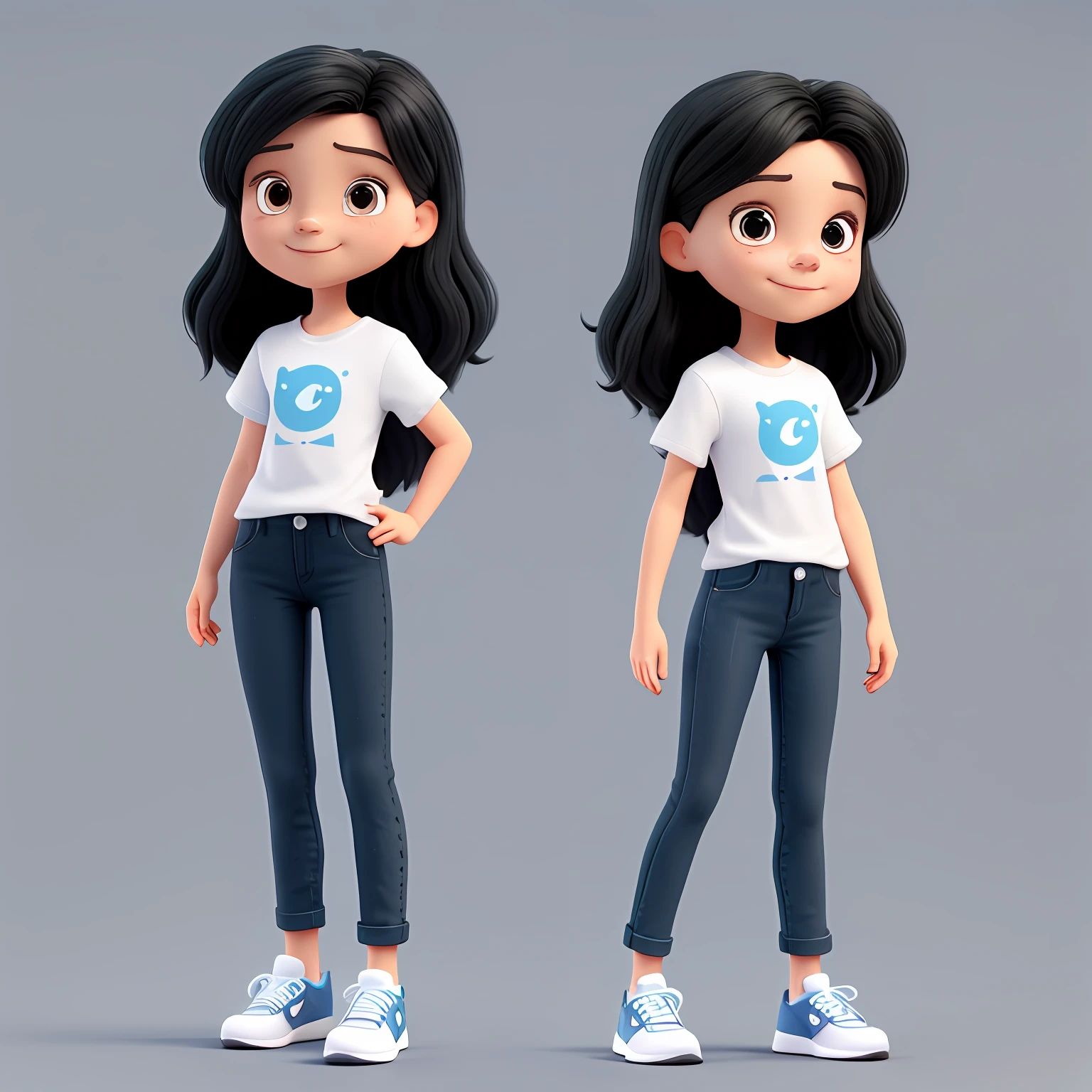Cute and adorable cartoon tom holland girl , 40-years-old, long straight black hair, big dark eyes，smile，fit,  Wearing  white T-shirt and dark blue jeans and black nike running shoes，full body view, fantasy, dreamlike, surrealism, super cute, trending on artstation