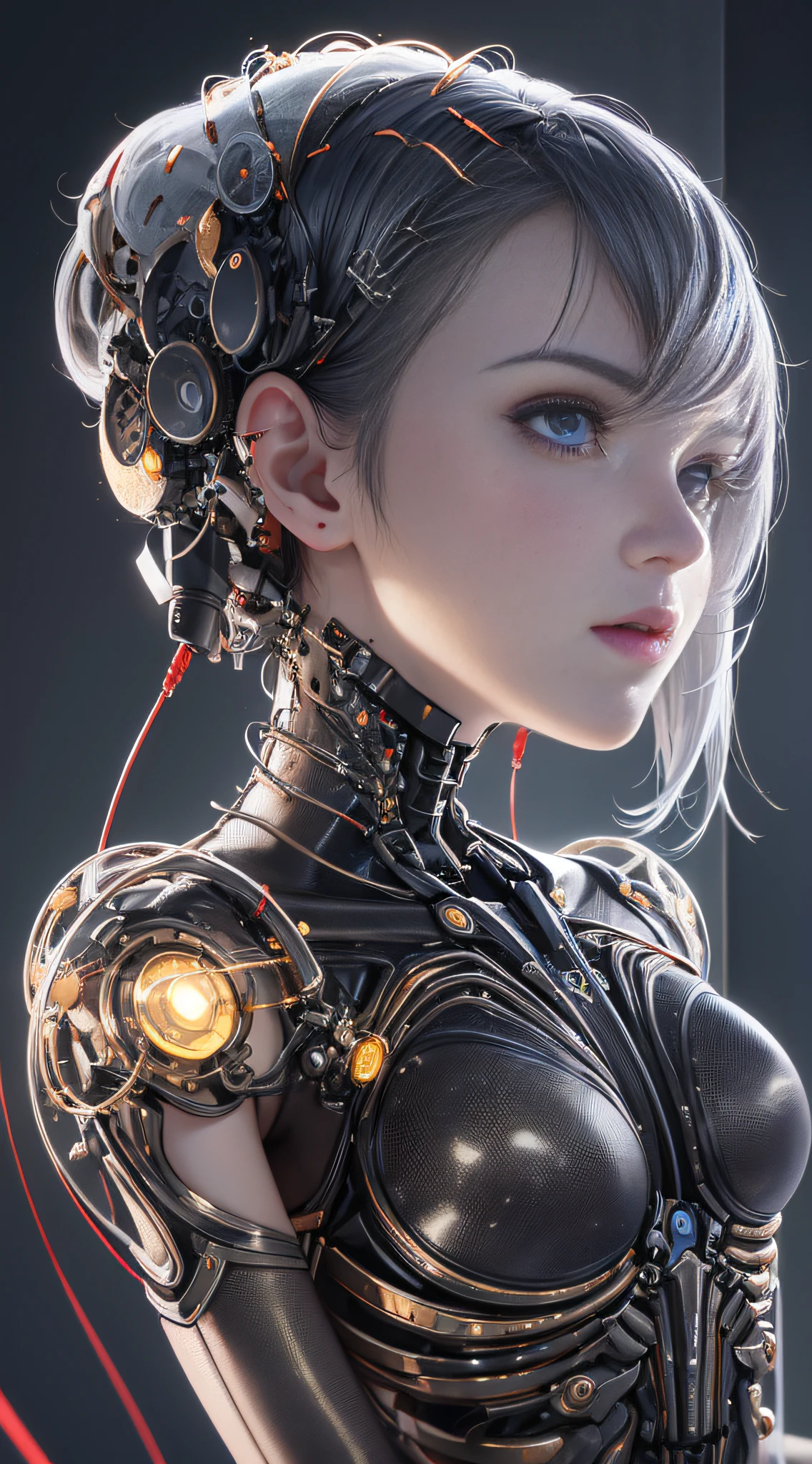 1mechanical girl,((ultra realistic details)), portrait, global illumination, shadows, octane render, 8k, ultra sharp,metal,intricate, ornaments detailed, cold colors, egypician detail, highly intricate details, realistic light, trending on cgsociety, glowing eyes, facing camera, neon details, machanical limbs,blood vessels connected to tubes,mechanical vertebra attaching to back,mechanical cervial attaching to neck,sitting,wires and cables connecting to head