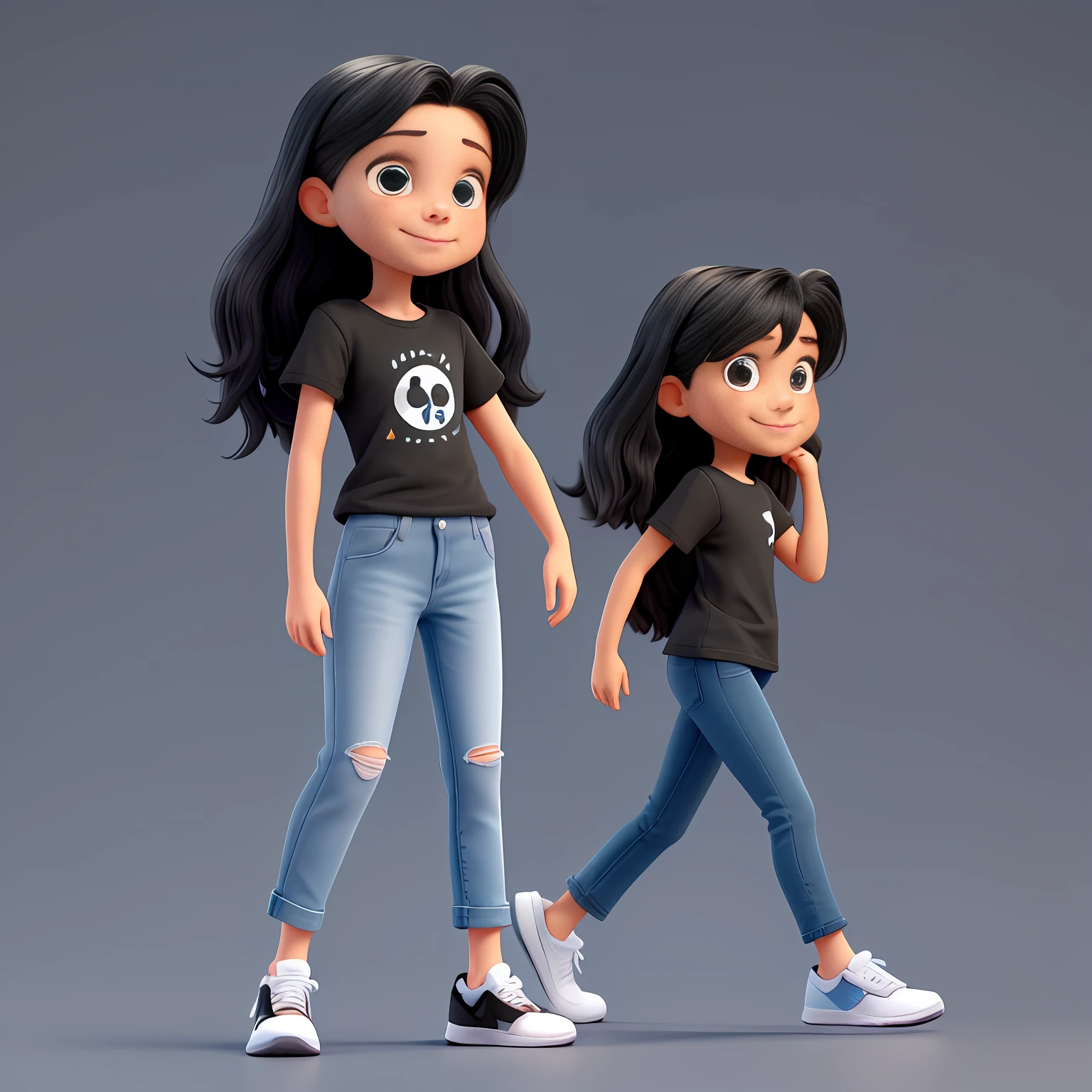 Cute and adorable cartoon tom holland girl , 40-years-old, long straight black hair, big dark eyes,smile,fit, Wearing white T-shirt and dark blue jeans and black nike running shoes,full body view, fantasy, dreamlike, surrealism, super cute, trending on artstation