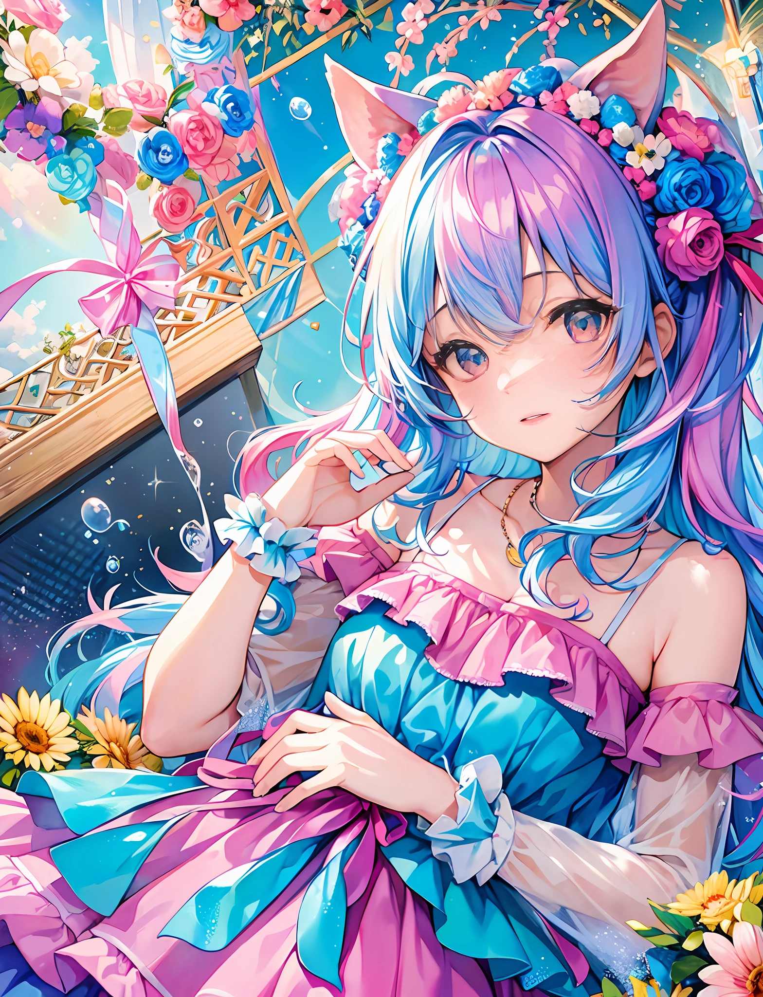 Yumekawa, dreamily cute, pale, moya, (masterpiece, highest quality, highest quality, watercolor (medium), official art, beautiful and aesthetic: 1.2), (2 girls: 1.3), (fractal art: 1.3), upper body, flirting, lesbian, lolita fashion, lolita viewer watch, pattern, (iridescent hair, colorful hair, half blue and half pink hair: 1.2), soap bubblesRainbow behind, clouds, colorful, soap bubbles, spread throughout, cute, pastel, cute room, rainbow color stuffed unicorn, on bed