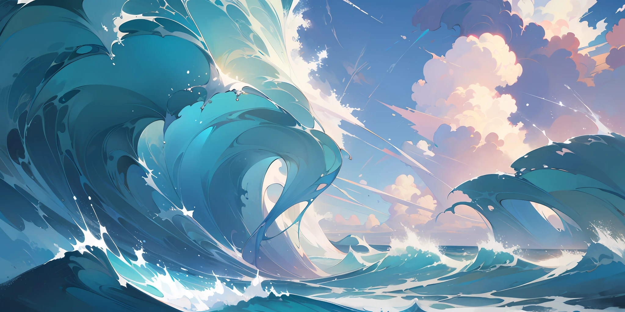 Masterpiece, best quality, official art, extremely detailed CG unified 8k wallpaper, no man, landscape painting, white waves separated to both sides, sea water, white, blue, cyan,