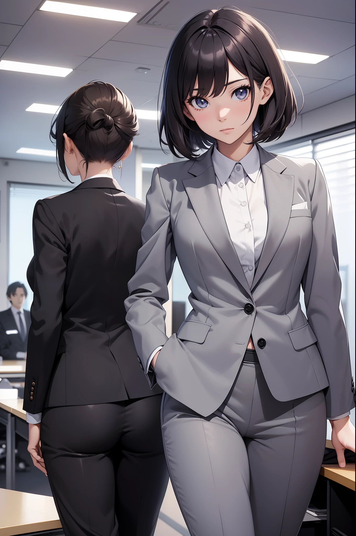 Anime-style girls, (top quality, 8k, 32k, masterpiece, UHD: 1.2), 1 girl, beautiful Japan woman, thin waist, gray suit, open jacket, , office lady, , suit, pants, from behind, office, desk, (sticking out the buttocks: 1.2), detailed face, short hair,