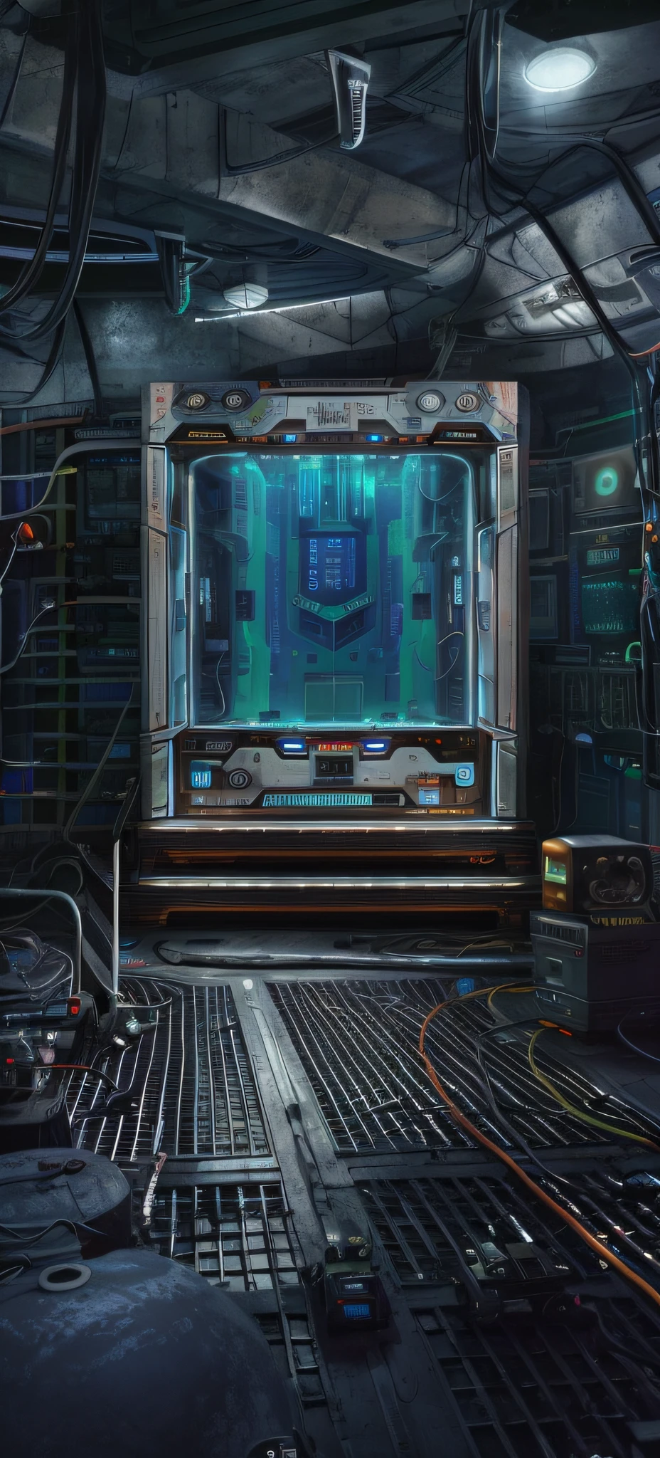 there is a large television in a room with a lot of wires, detailed sci - fi backgrounds, scifi background, alien room background, scifi room, scifi setting, dark sci - fi background, spaceship hallway background, sci - fi scene, futuristic room background, sci - fi interior, sci - fi vending machine, sci-fi vending machine, scifi scene